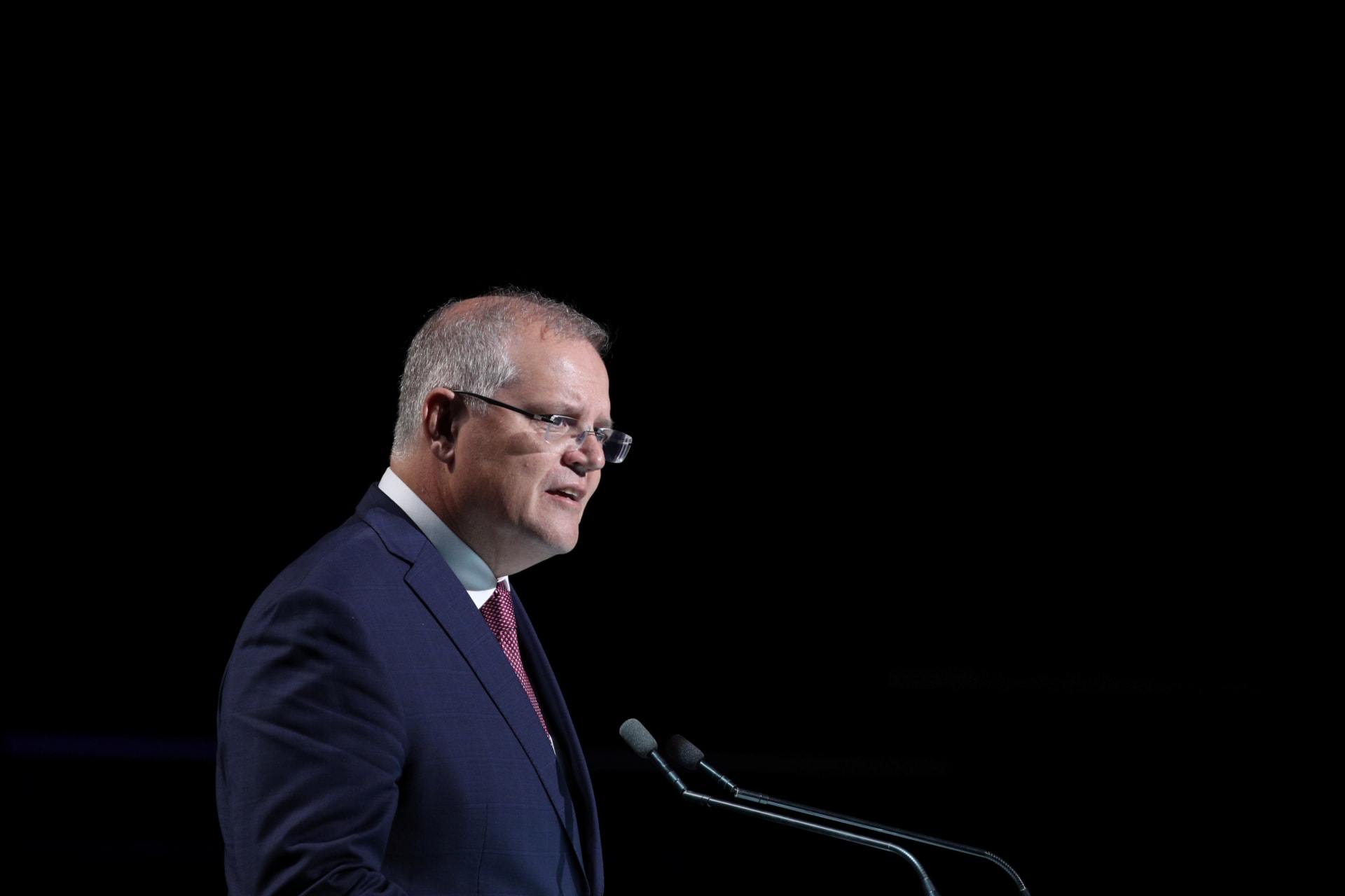 <p>Australian Prime Minister Scott Morrison speaks during a state memorial honouring victims of the Australian bushfires at Qudos Bank Arena in Sydney, New South Wales, Australia, on February 23, 2020.</p>
