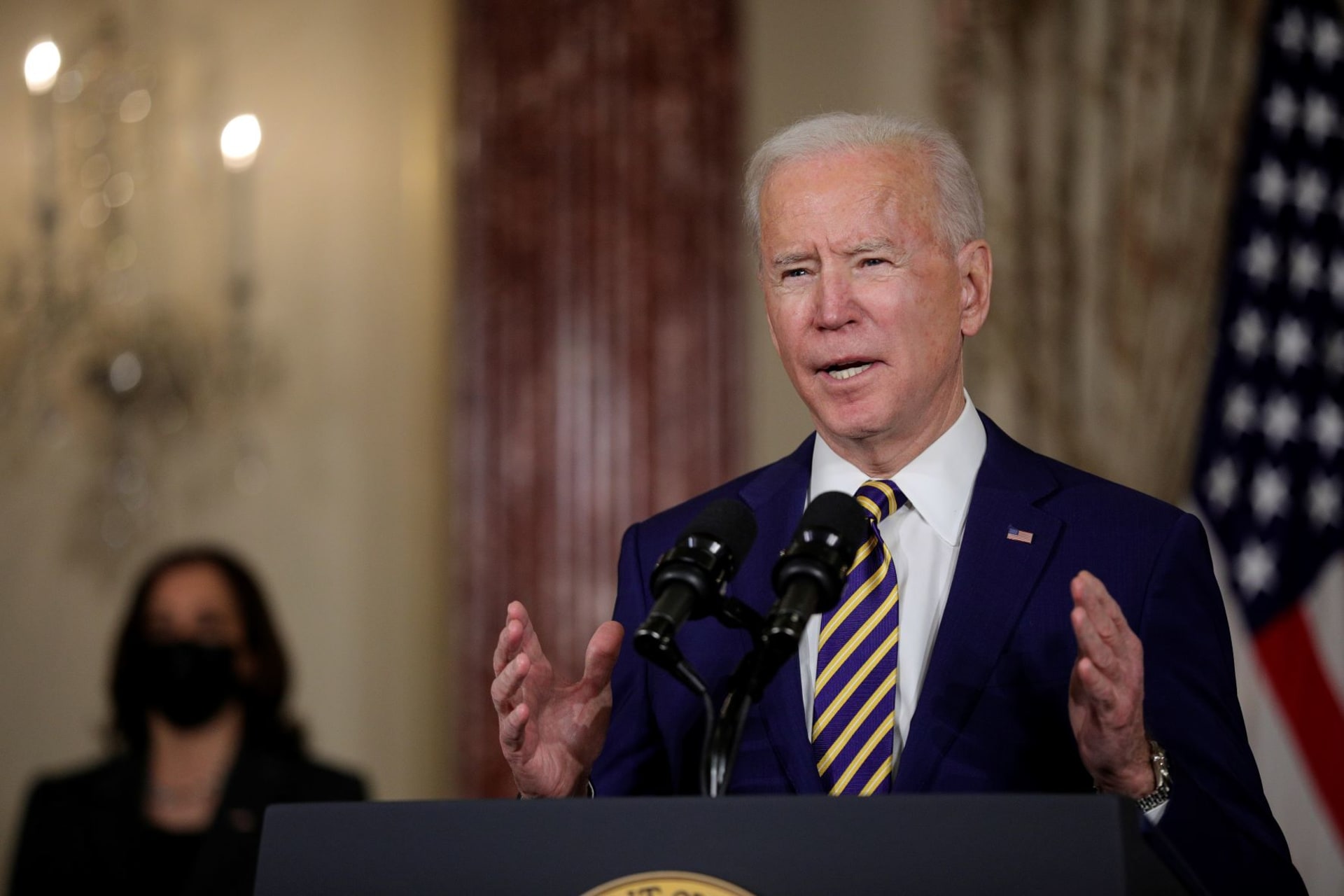 <p>U.S. President Joe Biden delivers a foreign policy address as Vice President Kamala Harris listens during a visit to the State Department in Washington, DC, on February 4, 2021. </p>
