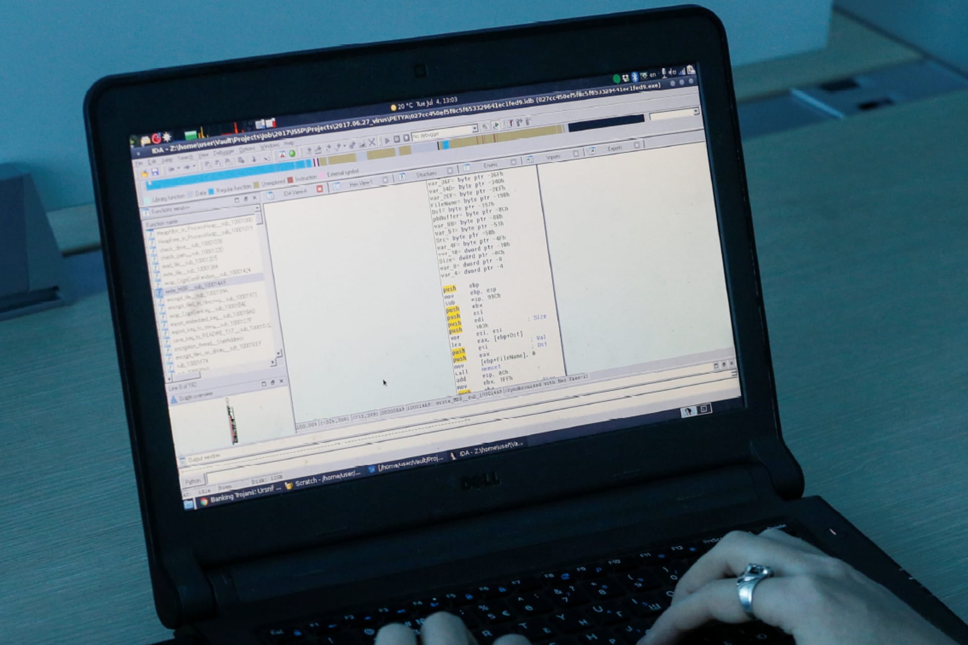 <p>A view shows a laptop display showing part of a code, which is the component of Petya malware computer virus according to representatives of Ukrainian cyber security firm ISSP, at the firm’s office in Kiev.</p>
