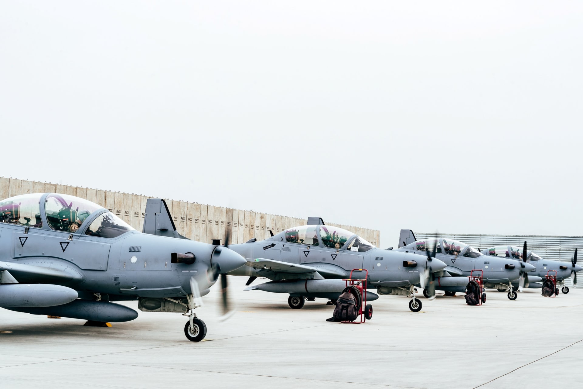 <p>Four A-29 Super Tucanos arrive before the beginning of the 2017 fighting season at Kabul Air Wing, Kabul, Afghanistan on March 20, 2017.</p>
