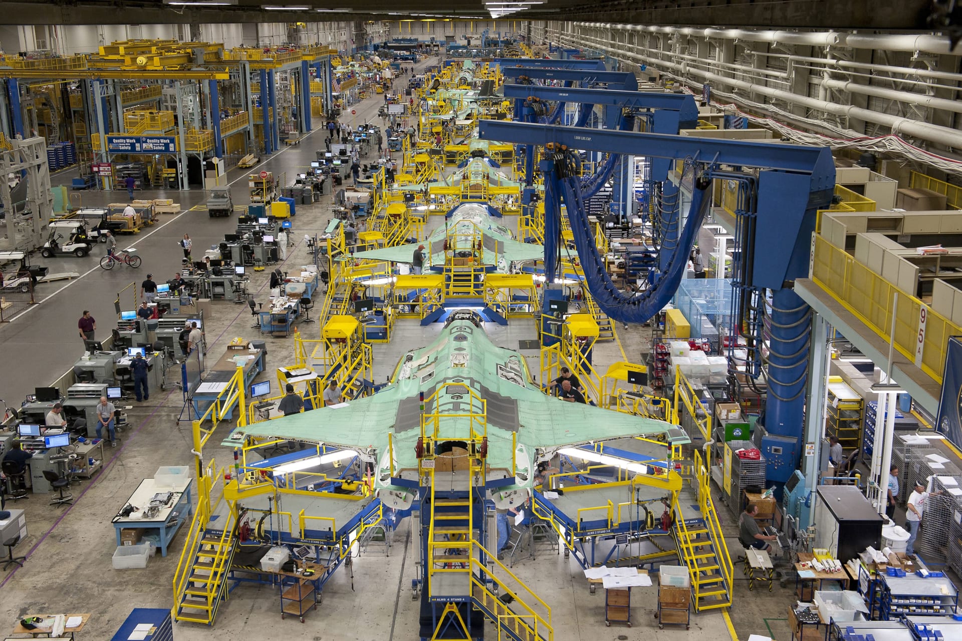 <p>Workers can be seen on the moving line and forward fuselage assembly areas for the F-35 Joint Strike Fighter at Lockheed Martin Corp’s factory located in Fort Worth, Texas in this October 13, 2011 handout photo provided by Lockheed Martin.</p>