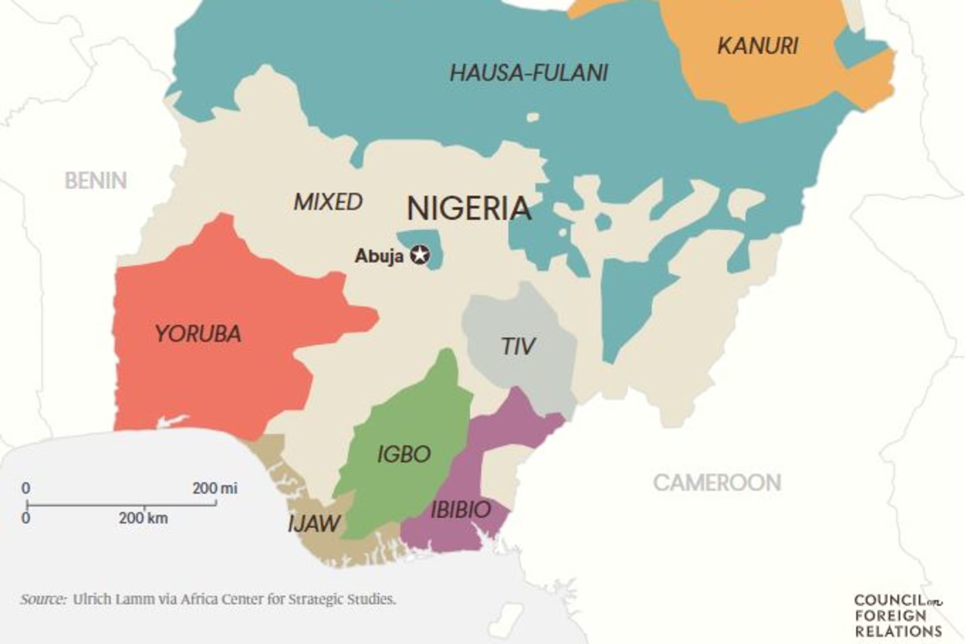 <p>A map of Nigeria’s major ethnic groups.</p>
