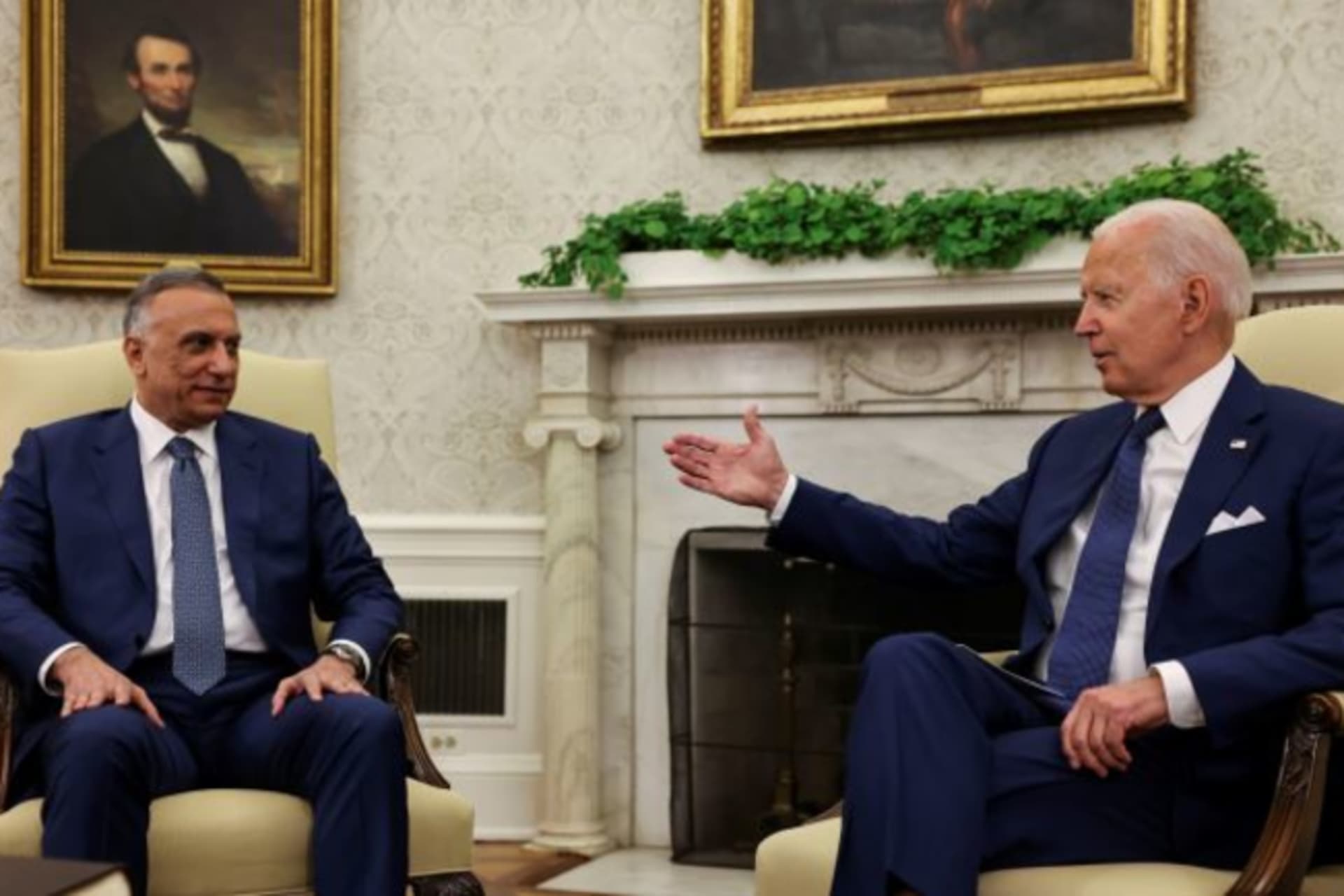 <p>U.S. President Joe Biden Speaks with Iraq’s Prime Minister Mustafa Al-Kadhimi during a bilateral meeting in the Oval Office at the White House in Washington, U.S., July 26, 2021. </p>