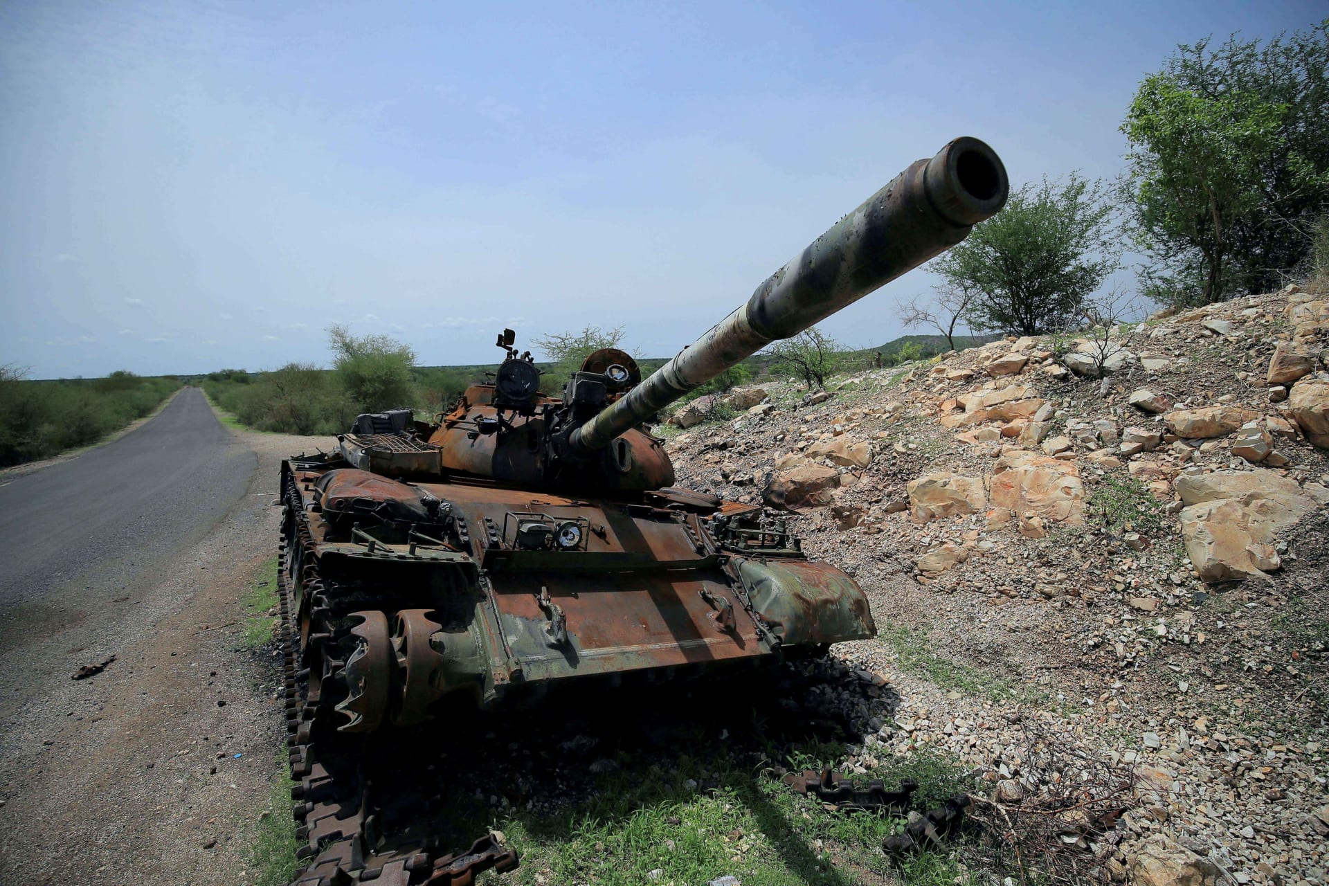 <p>A tank damaged during the fighting between Ethiopia’s National Defense Force and Tigray Special Forces stands on the outskirts of Humera town in Ethiopia on July 1, 2021.</p>
