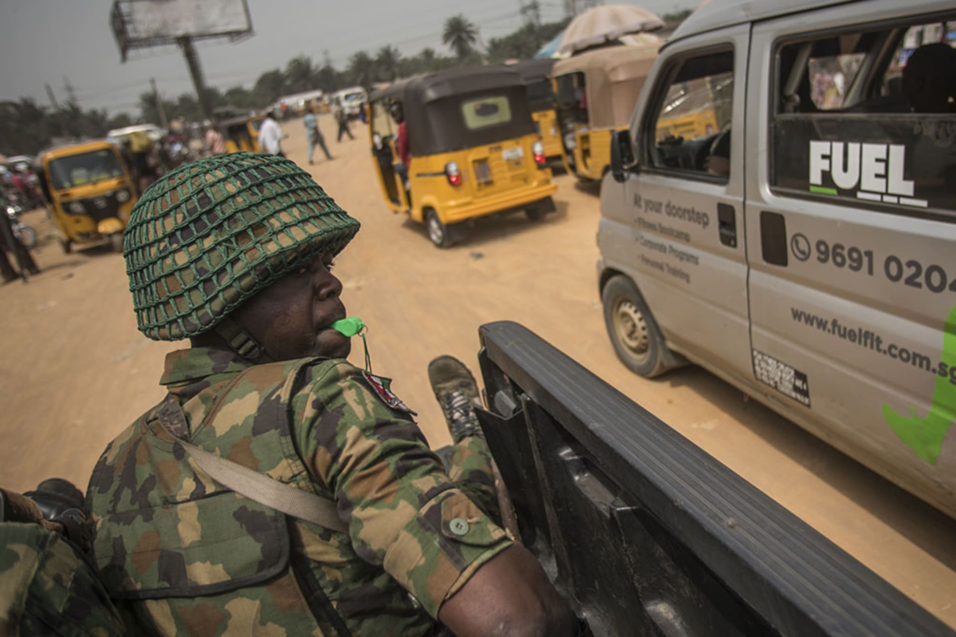 <p>A Nigerian soldier looks on during a military patrol in a pro-Biafra zone in the southeastern city of Aba.</p>

