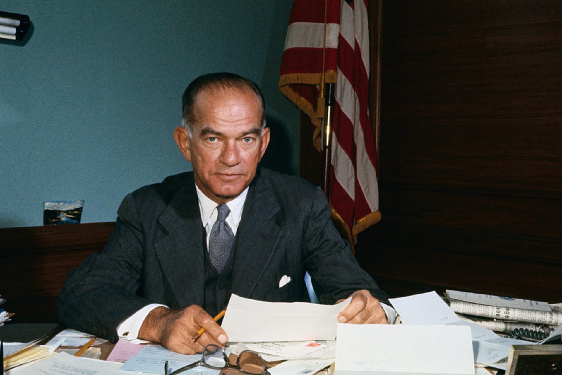 <p>Senator J. William Fulbright in his office in 1965.</p>
