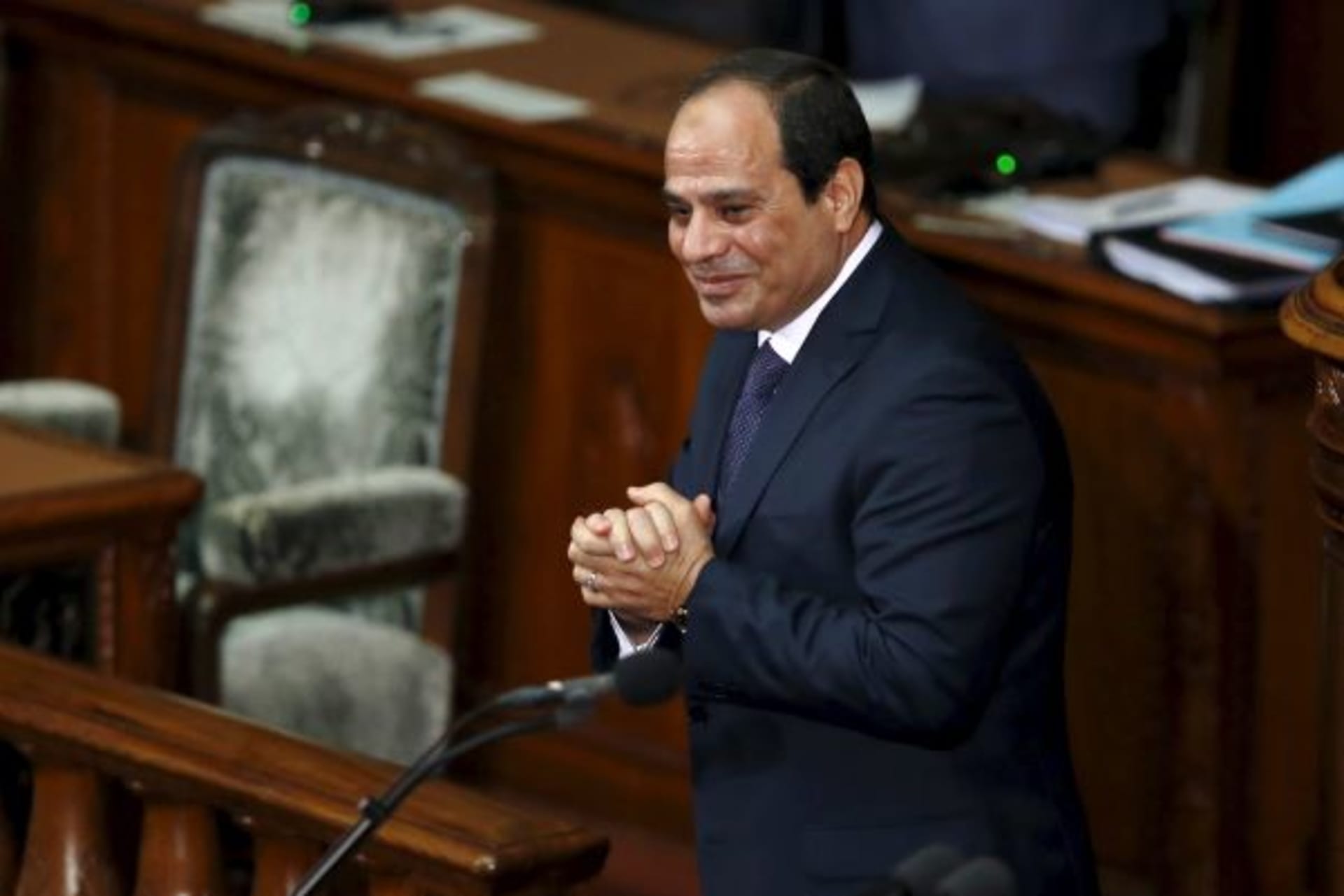 <p>Egypt’s President Abdel Fattah al-Sisi reacts after delivering a speech at the Lower House of parliament in Tokyo, Japan, February 29, 2016.</p>
