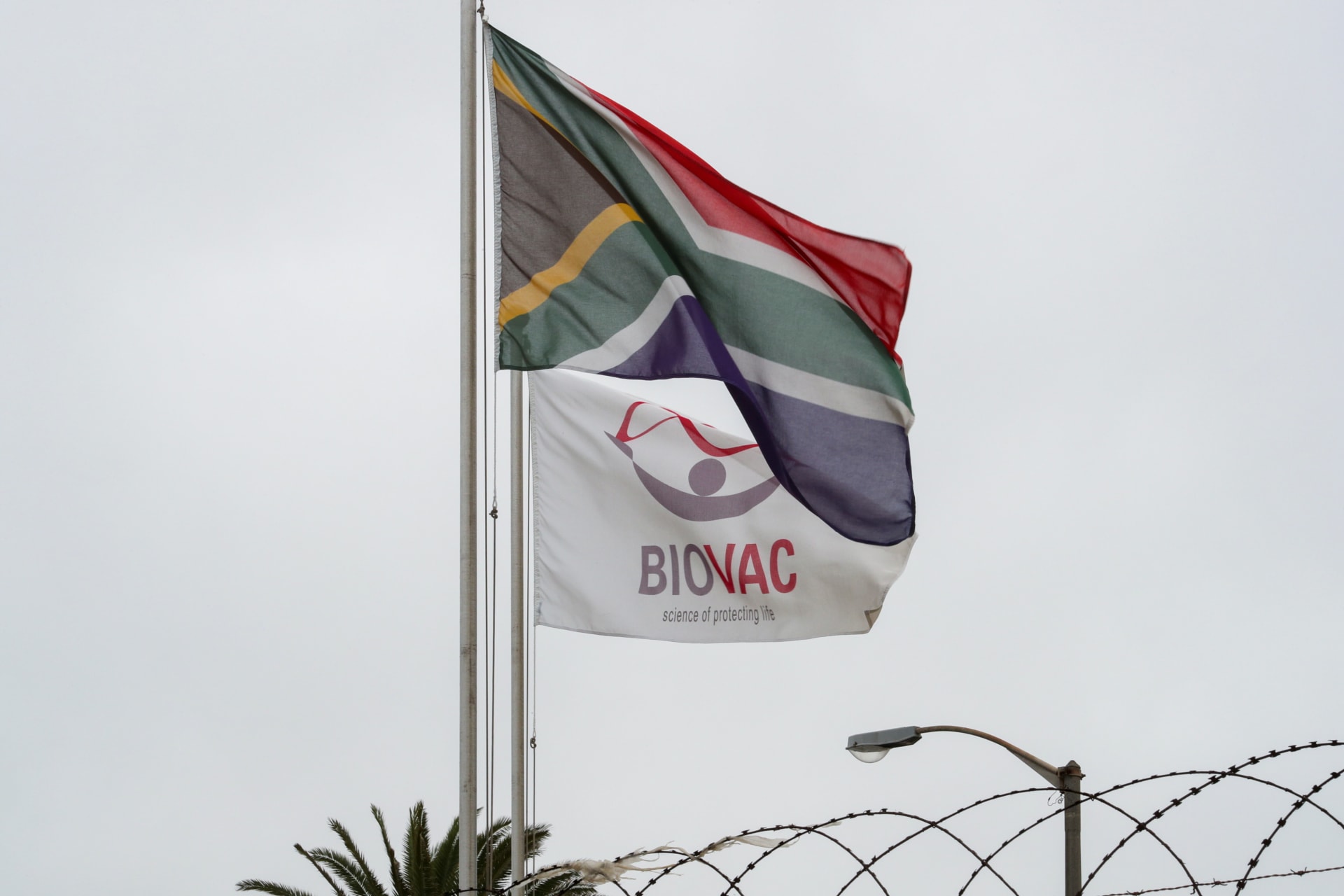 <p>A South African flag flies beside a flag bearing the logo of the local vaccine manufacturing and storage company Biovac, outside the company’s offices in Cape Town, South Africa on March 18, 2021.</p>
