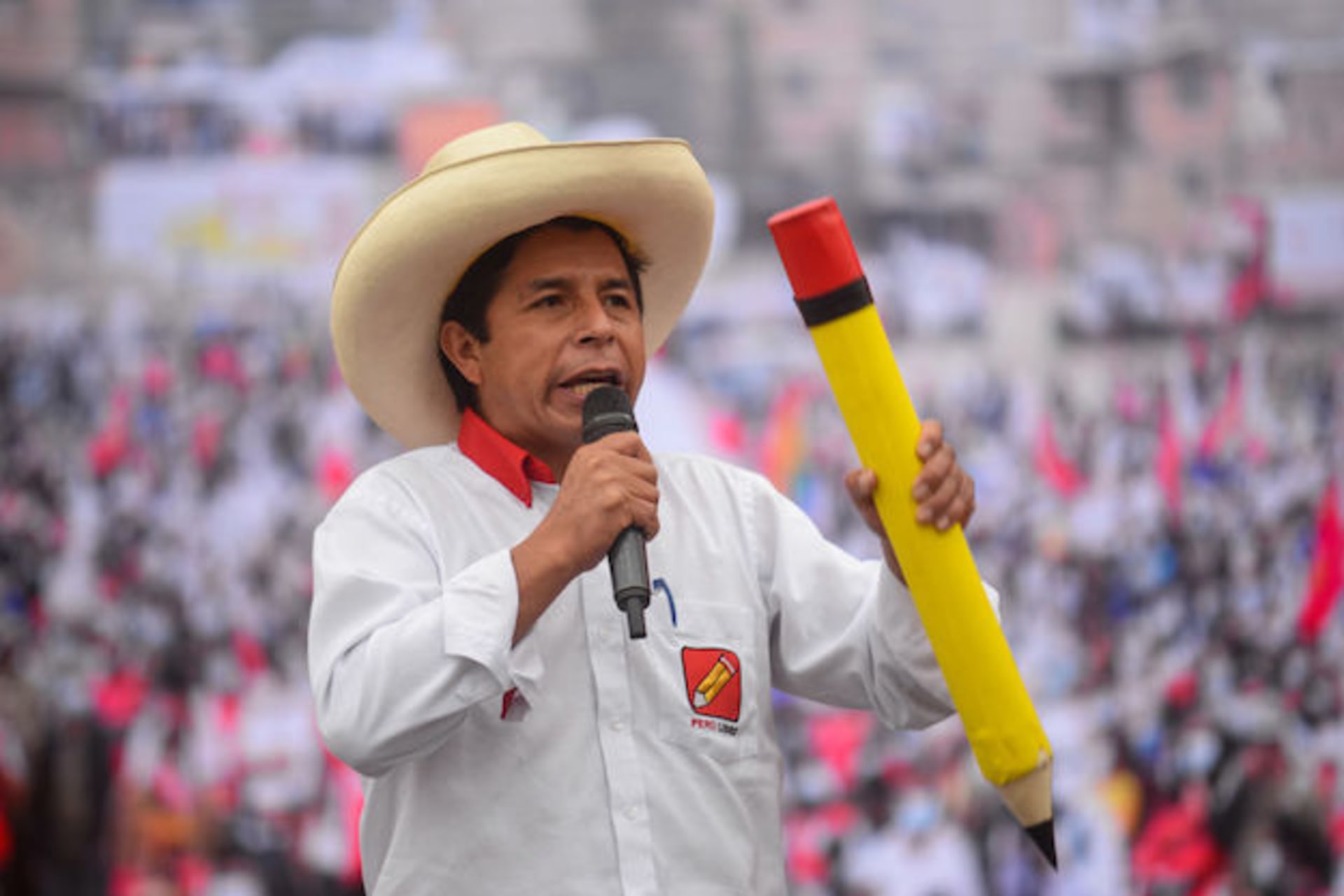 <p>Peruvian President-elect Pedro Castillo speaks at a campaign rally in May 2021.</p>
