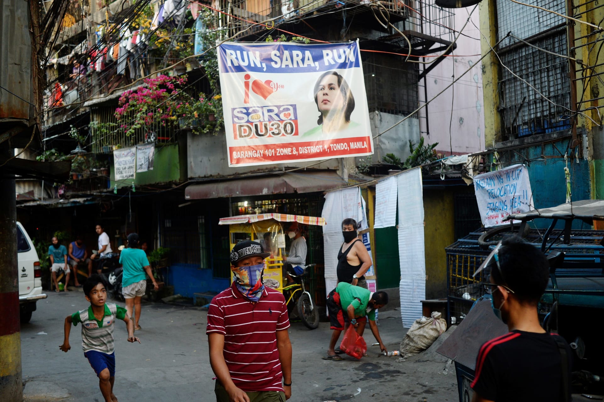 <p>A banner showing support for Davao City Mayor Sara Duterte to run for president is seen in a community in Manila, Philippines, on April 9, 2021.</p>
