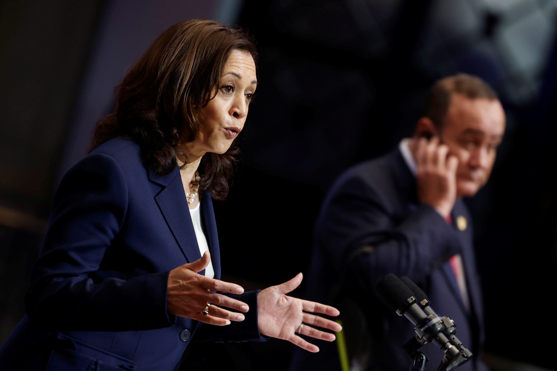 <p>U.S. Vice President Kamala Harris speaking alongside president of Guatemala, Alejandro Giammattei</p>
