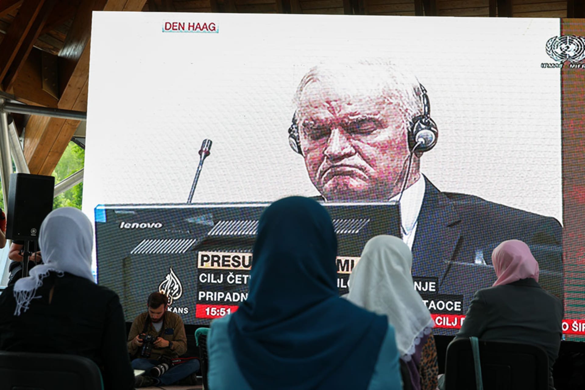 <p>Bosnian families at the Srebrenica Genocide Memorial follow the final verdict hearing of former Bosnian Serb General Ratko Mladic.</p>
