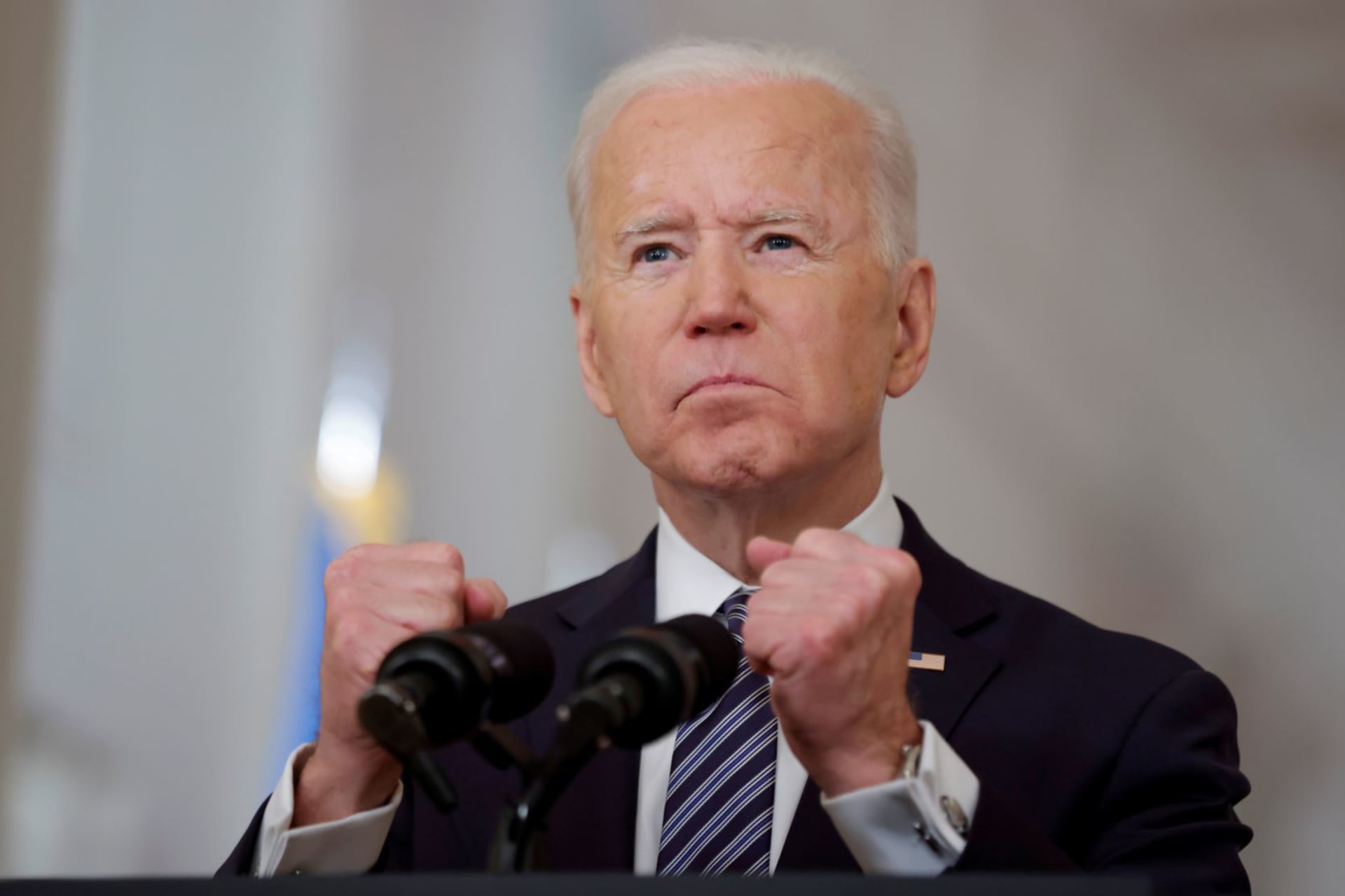 <p>U.S. President Joe Biden delivers his first prime time address as president, marking the one-year anniversary of widespread shutdowns to combat the COVID-19 pandemic at the White House in Washington, DC, on March 11, 2021. </p>
