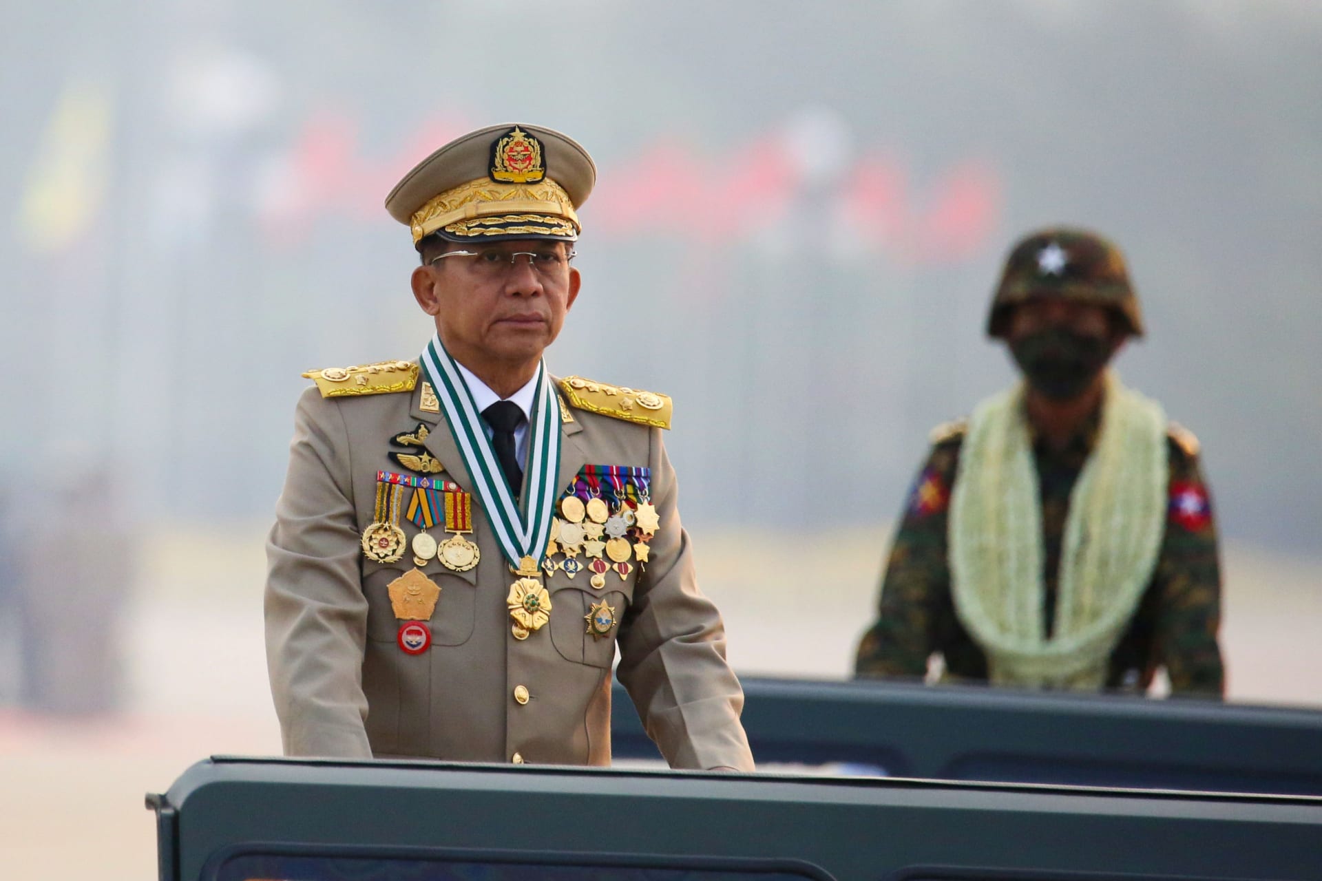 <p>Myanmar’s junta chief Senior General Min Aung Hlaing, who ousted the elected government in a coup on February 1, presides an army parade on Armed Forces Day in Myanmar on March 27, 2021.</p>
