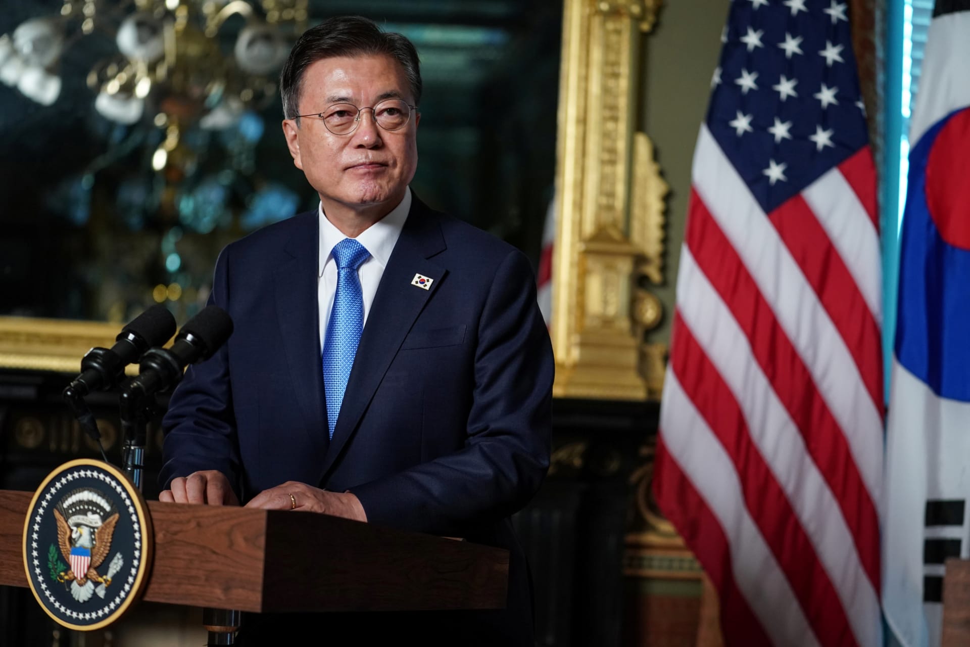 <p>South Korean President Moon Jae-in delivers remarks before participating in a bilateral meeting at the Eisenhower Executive Office Building near the White House in Washington, D.C., on May 21, 2021</p>
