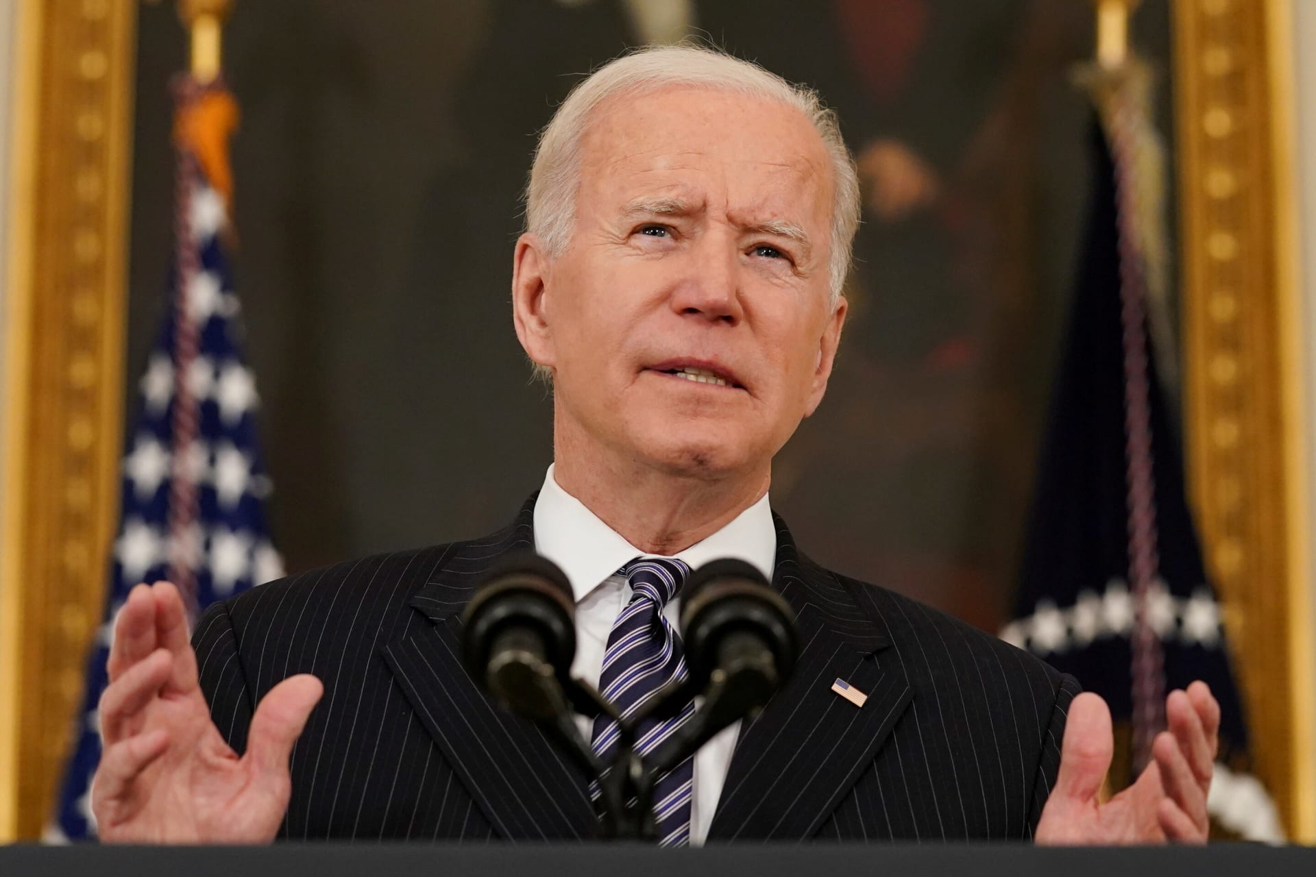 <p>U.S. President Joe Biden delivers remarks from the State Dining Room at the White House in Washington, D.C., on April 6, 2021.</p>
