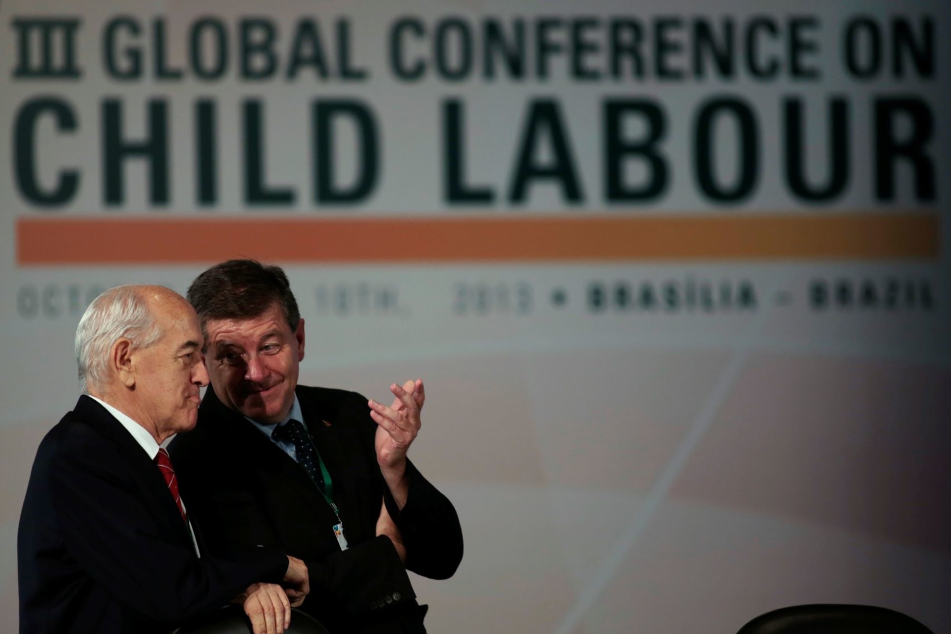 <p>Guy Ryder, director-general of the International Labor Organization, talks to Manoel Dias, former Brazilian minister of labor, at the Third Global Conference on Child Labor in Brazil.</p>
