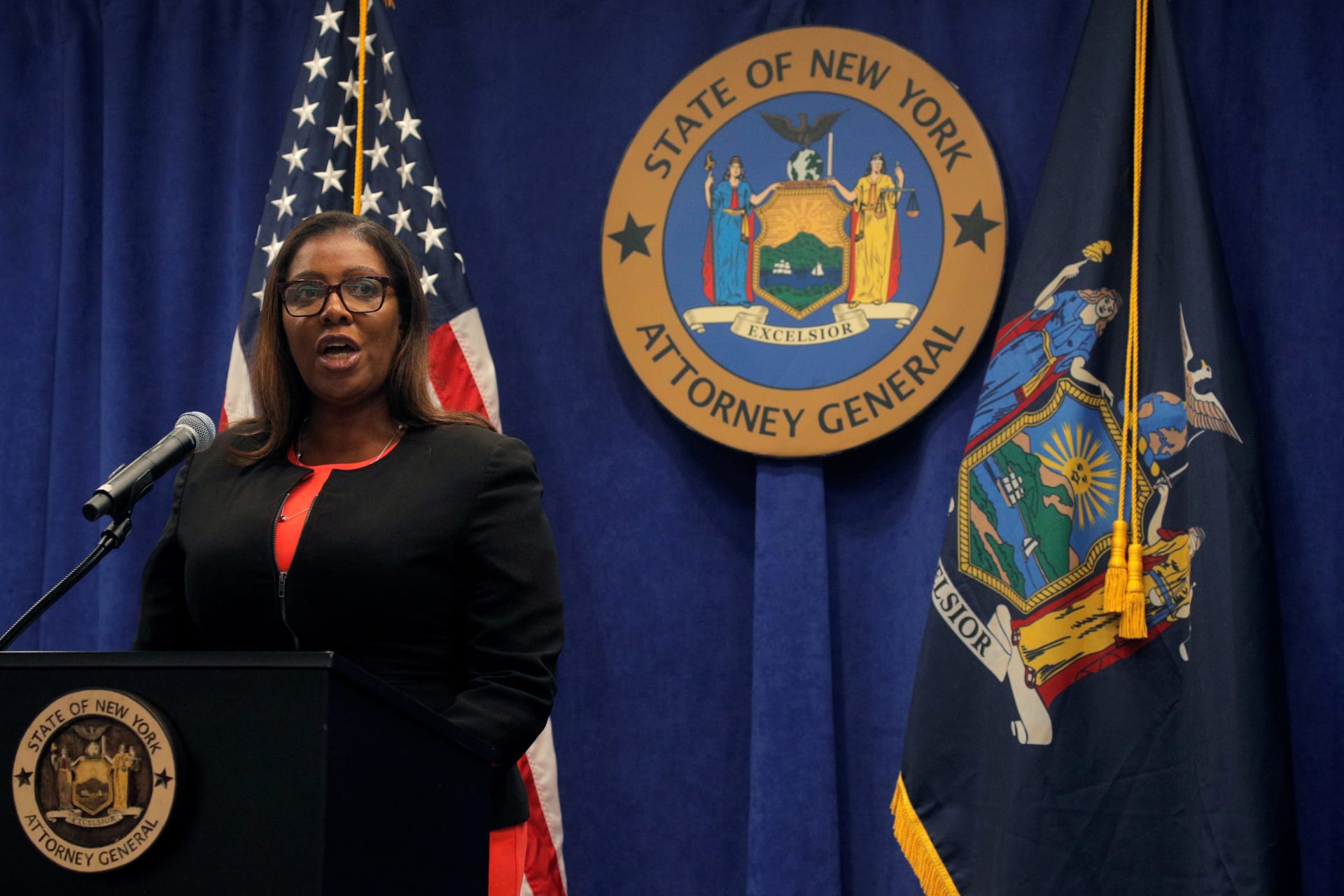 <p>New York State Attorney General, Letitia James, speaks during a news conference.</p>
