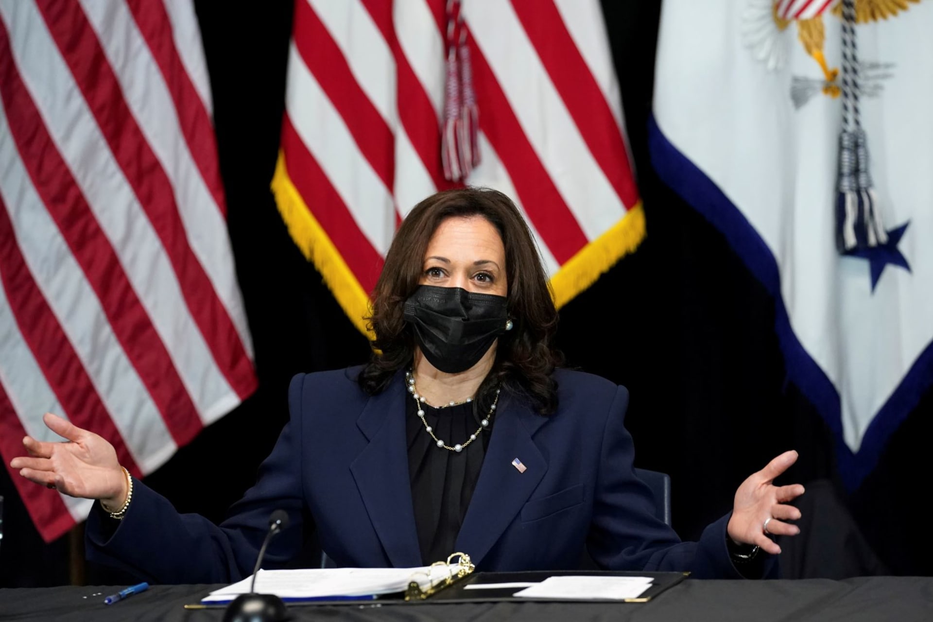 <p>U.S. Vice President Kamala Harris addresses the media after participating in an event with women small business owners in Rhode Island. </p>