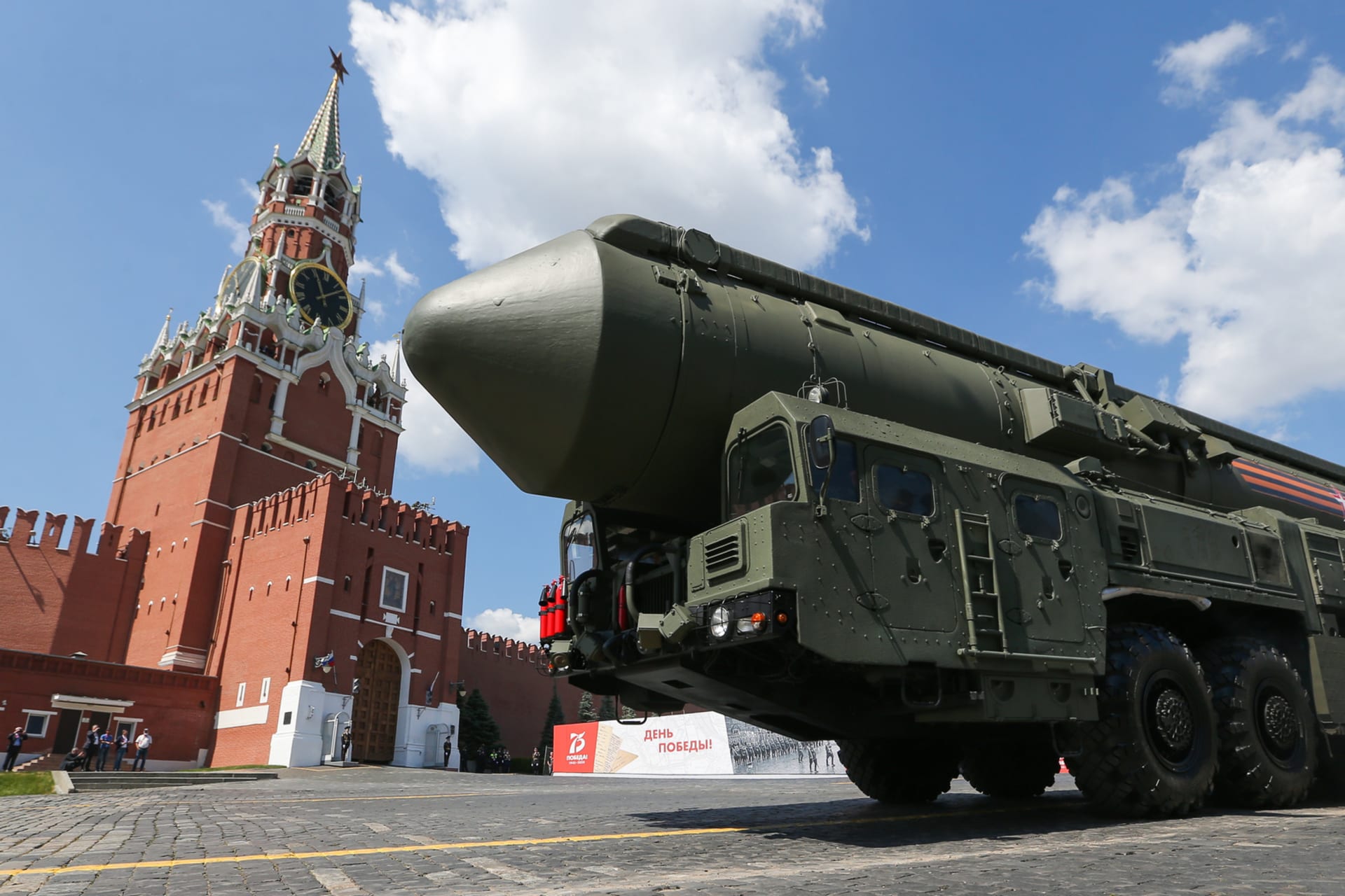 <p>An intercontinental ballistic missile is displayed during a military parade in Moscow, Russia, to mark the 75th anniversary of the victory of World War II, on June 24, 2020. </p>
