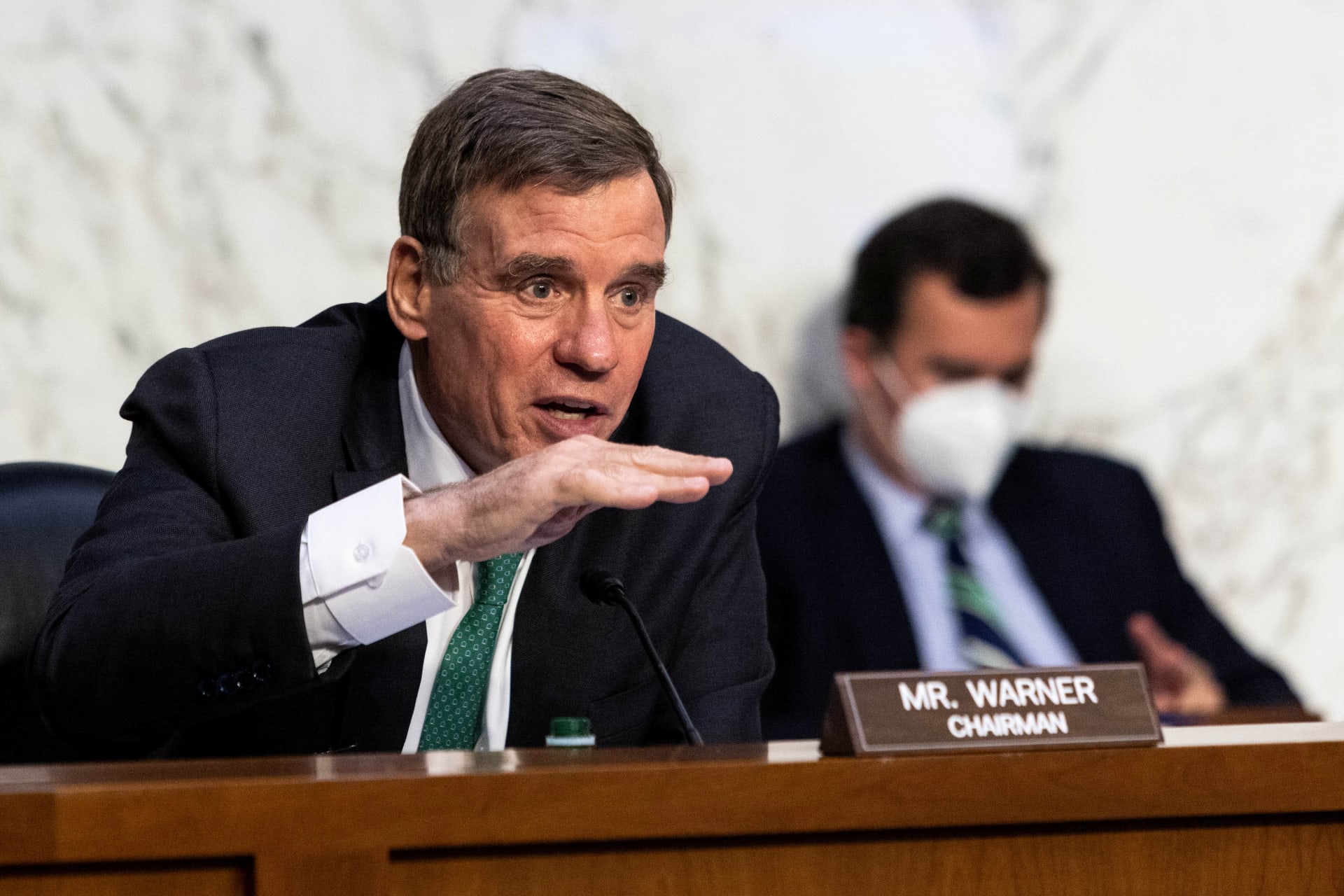 <p>Senate Intelligence Committee Chairman Senator Mark Warner, D-VA, speaks during a Senate Select Committee on Intelligence hearing.</p>
