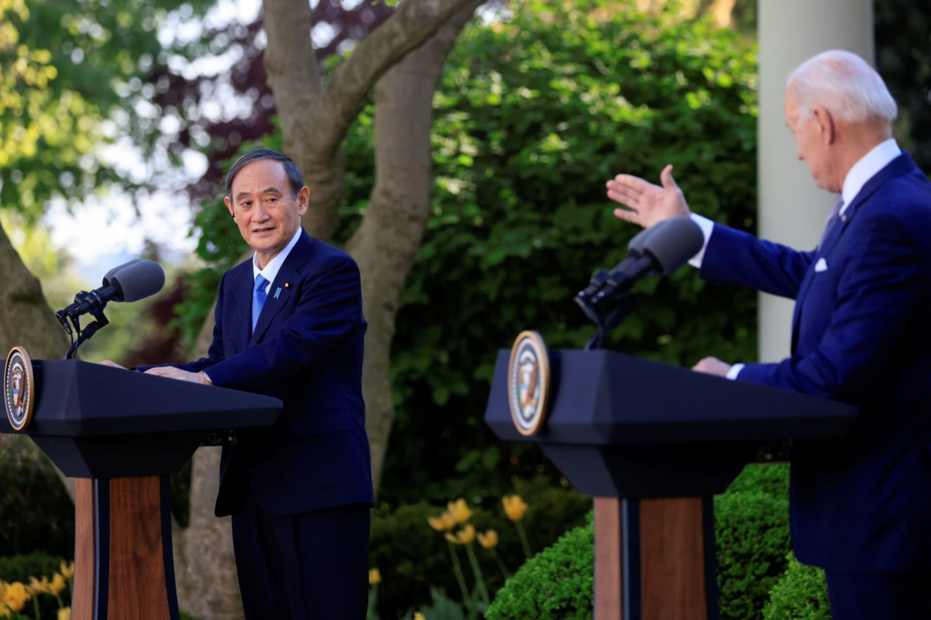 <p>U.S. President Joe Biden speaks as he holds a joint news conference with Japan’s Prime Minister Yoshihide Suga in the Rose Garden at the White House in Washington, U.S., April 16, 2021.</p>
