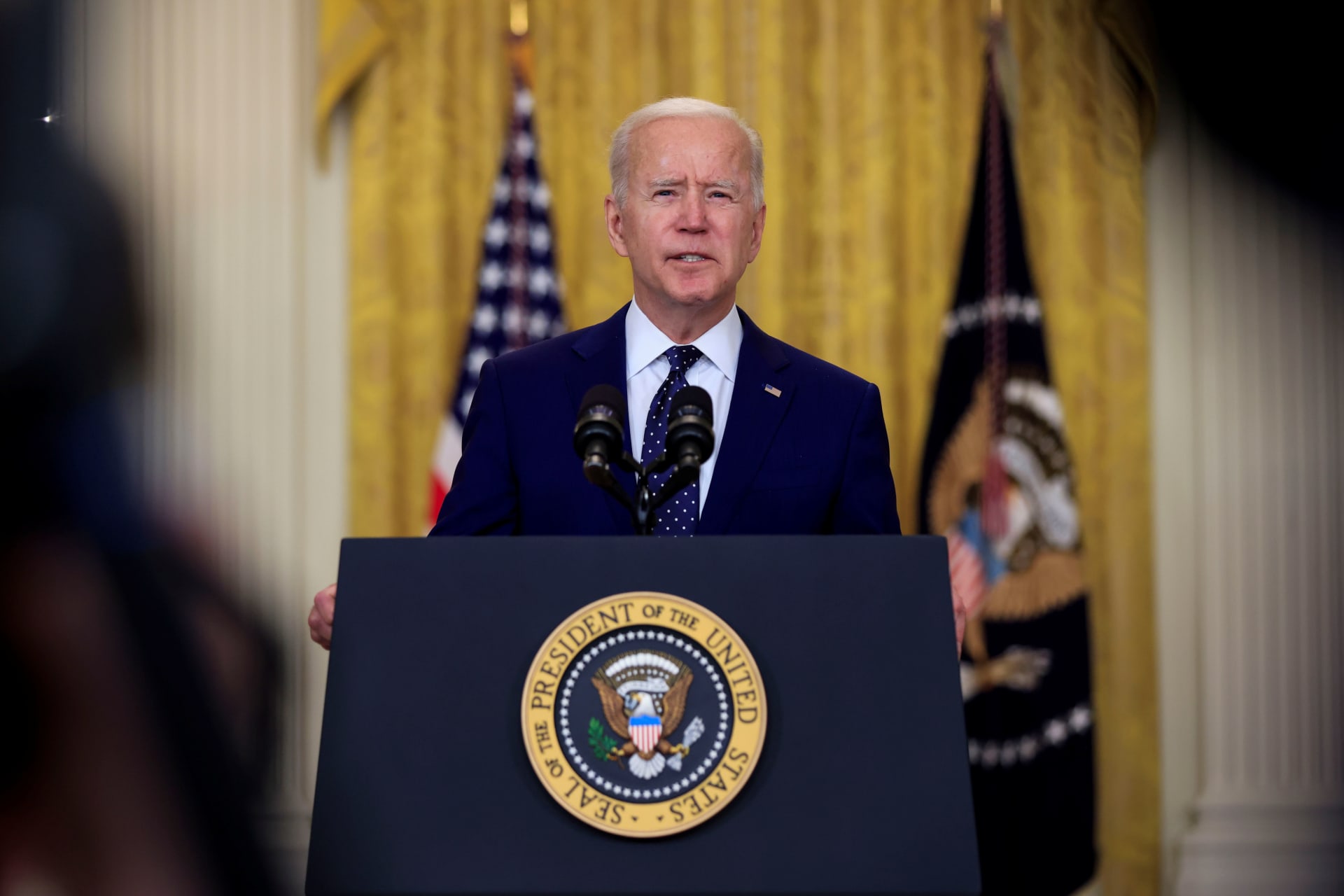 <p>U.S. President Joe Biden delivers remarks on Russia in the East Room at the White House.</p>
