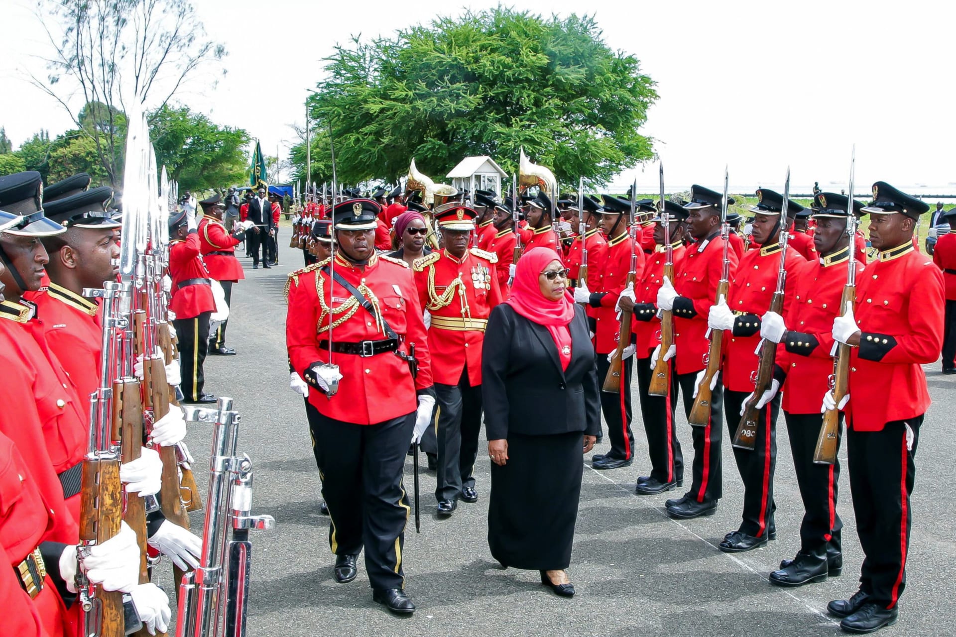 <p>Tanzanian President Samia Suluhu Hassan inspects a guard of honor mounted by the Tanzania Peoples Defense Forces after she was sworn into office following her predecessor John Magufuli’s death, at State House in Dar es Salaam, Tanzania on March 19, 2021.</p>
