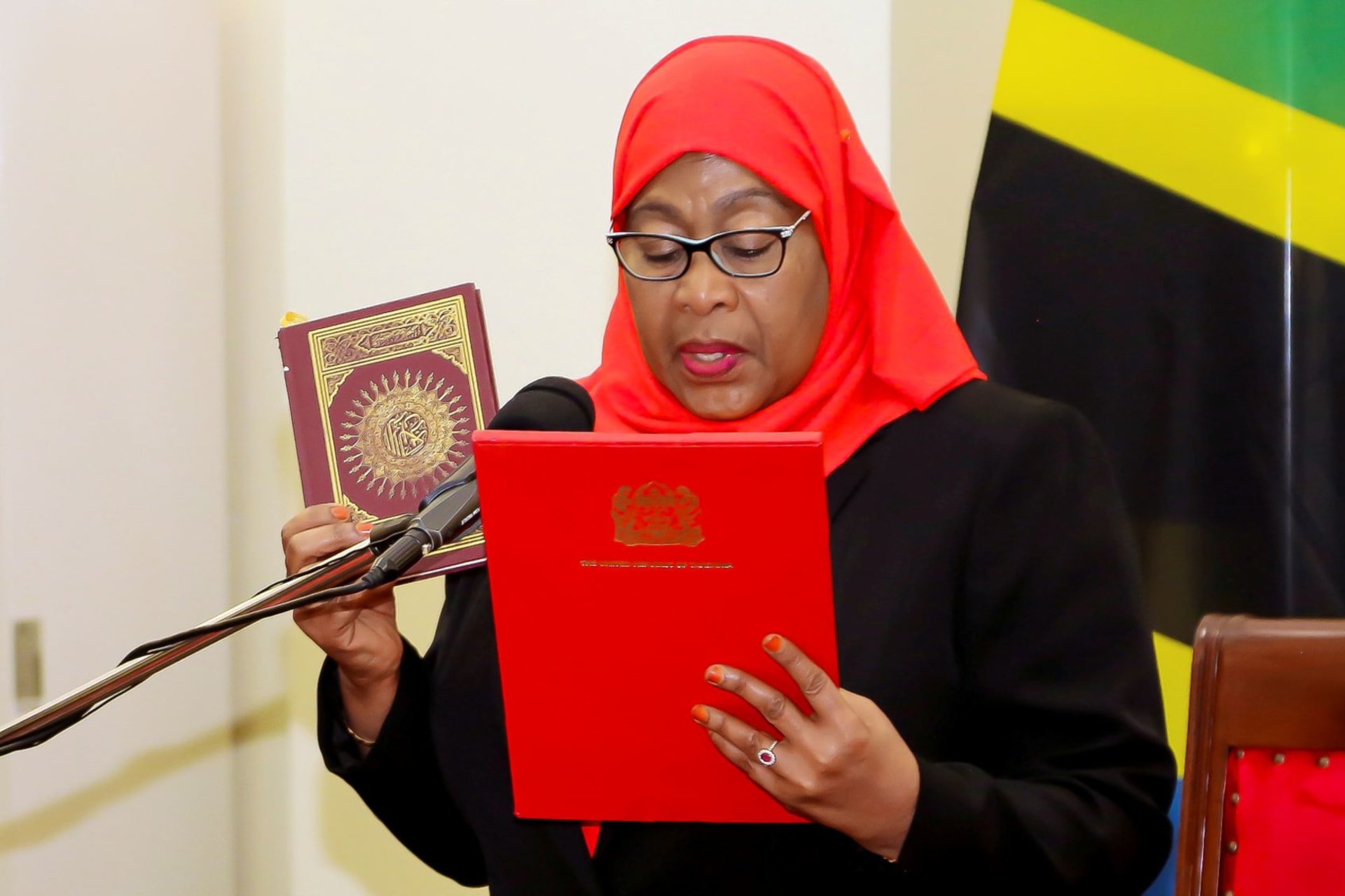 <p>Samia Suluhu Hassan, the first woman president of Tanzania, takes her oath of office following the death of her predecessor. </p>

