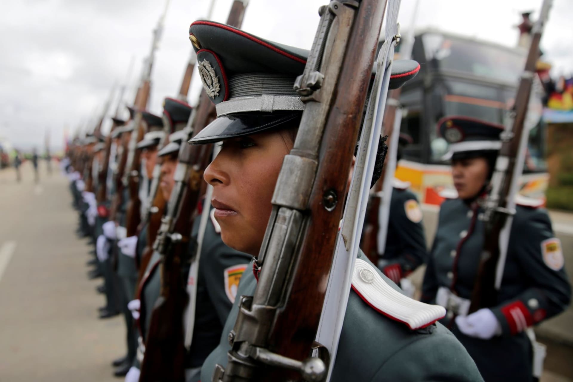 <p>Women in the Bolivian military line up for maritime flag day celebrations on March 10, 2018.</p>
