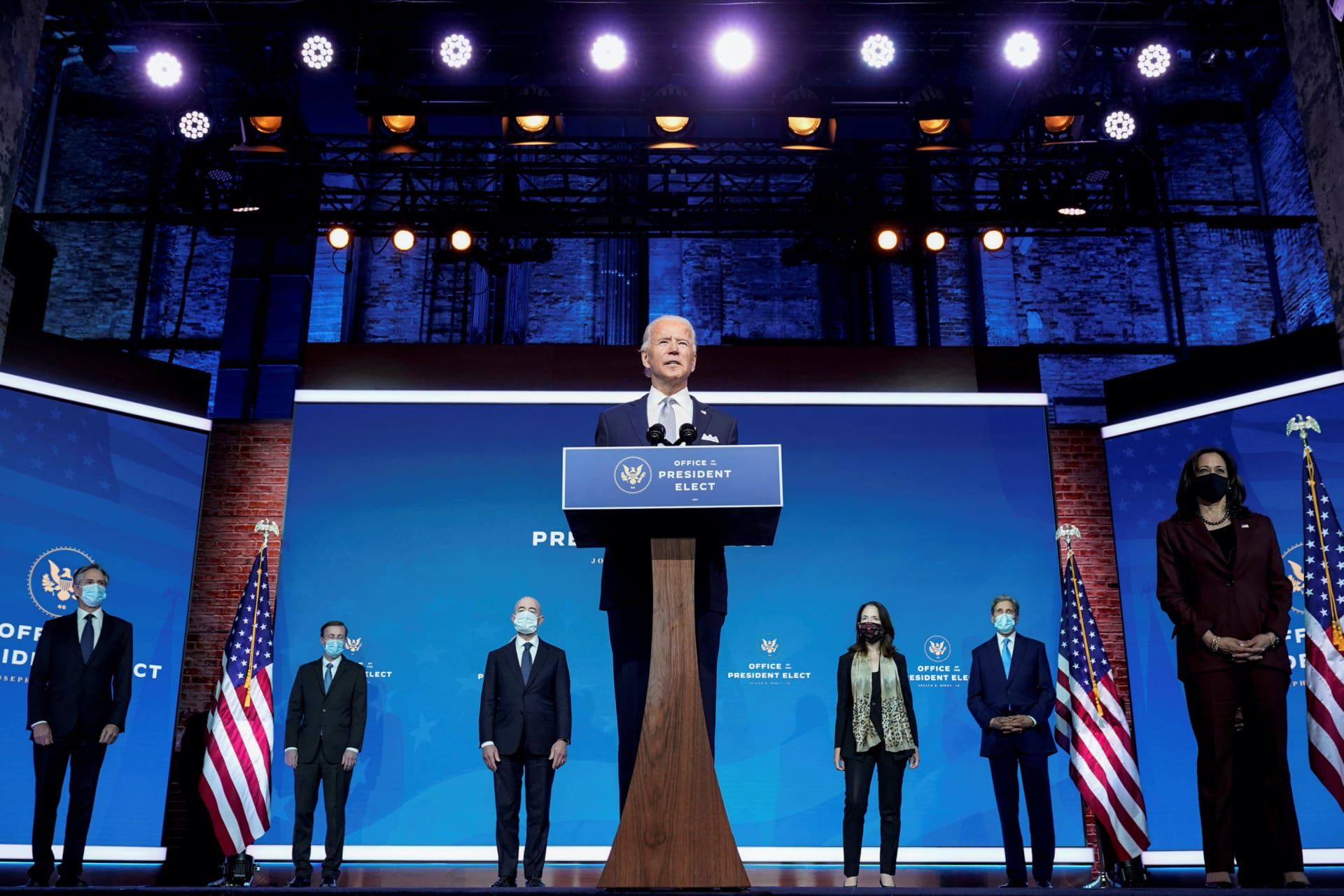 <p>President-elect Joe Biden stands with his nominees for his national security team in Wilmington, Delaware</p>
