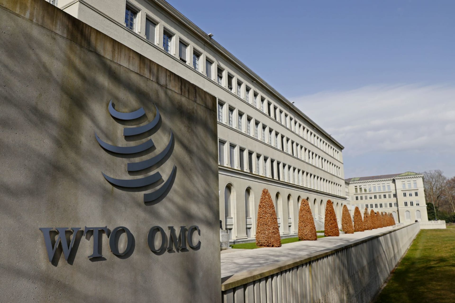 <p>A logo is pictured on the World Trade Organization headquarters in Geneva, Switzerland on March 4, 2021. </p>
