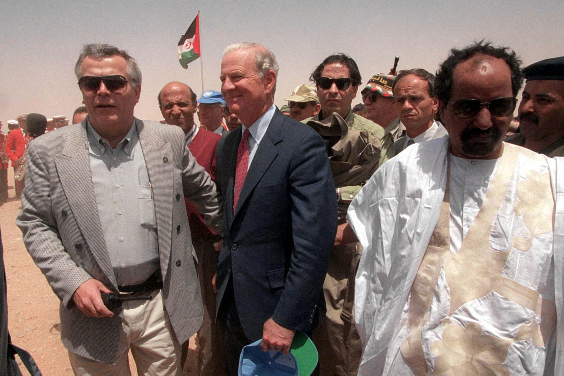<p>UN Special Envoy James Baker with Polisario Front leader Mohamed Abdelaziz after he landed in a refugee camp in Algeria on April 27, 1997. Baker arrived on the last leg of a tour of northern Africa to tackle the dispute over control of Western Sahara.</p>
