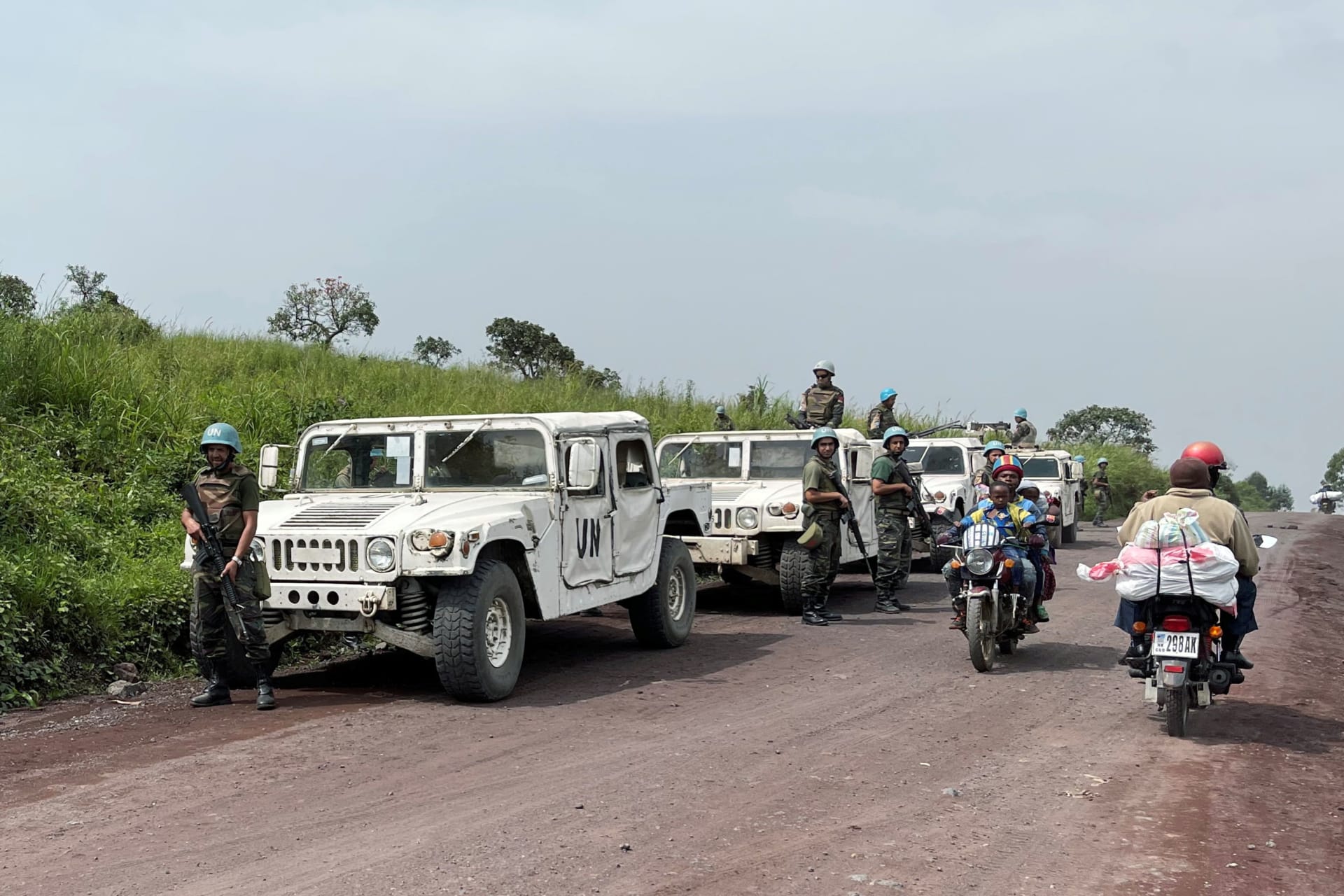 <p>UN peacekeepers secure the scene where the Italian ambassador to the Democratic Republic of Congo, Luca Attanasio, and two others were killed in an attempted kidnapping when their convoy was attacked in Ruhimba village, eastern DRC, on February 22, 2021.</p>
