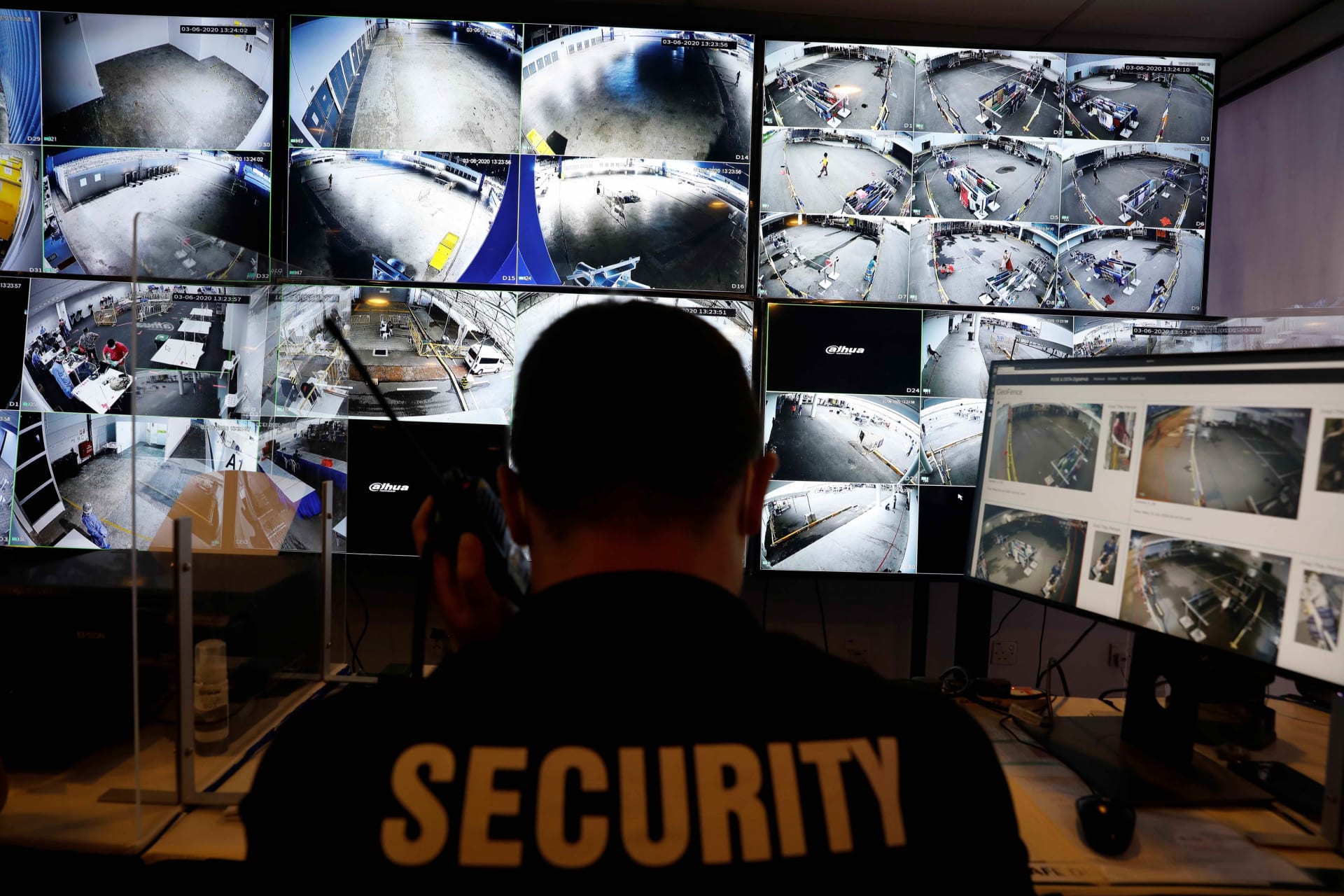 <p>A security officer monitors surveillance cameras with geo-fencing and crowd monitoring capabilities.</p>
