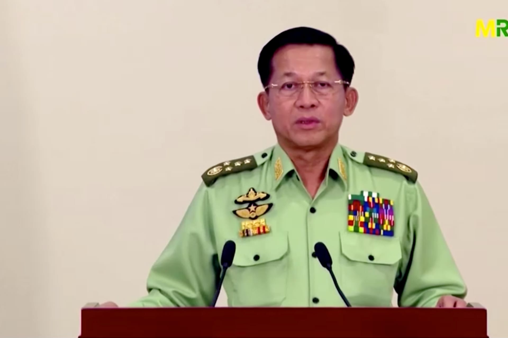 <p>Myanmar’s military junta leader, General Min Aung Hlaing, speaks in a media broadcast in Naypyidaw, Myanmar, on February 8, 2021 in this still image taken from video.</p>
