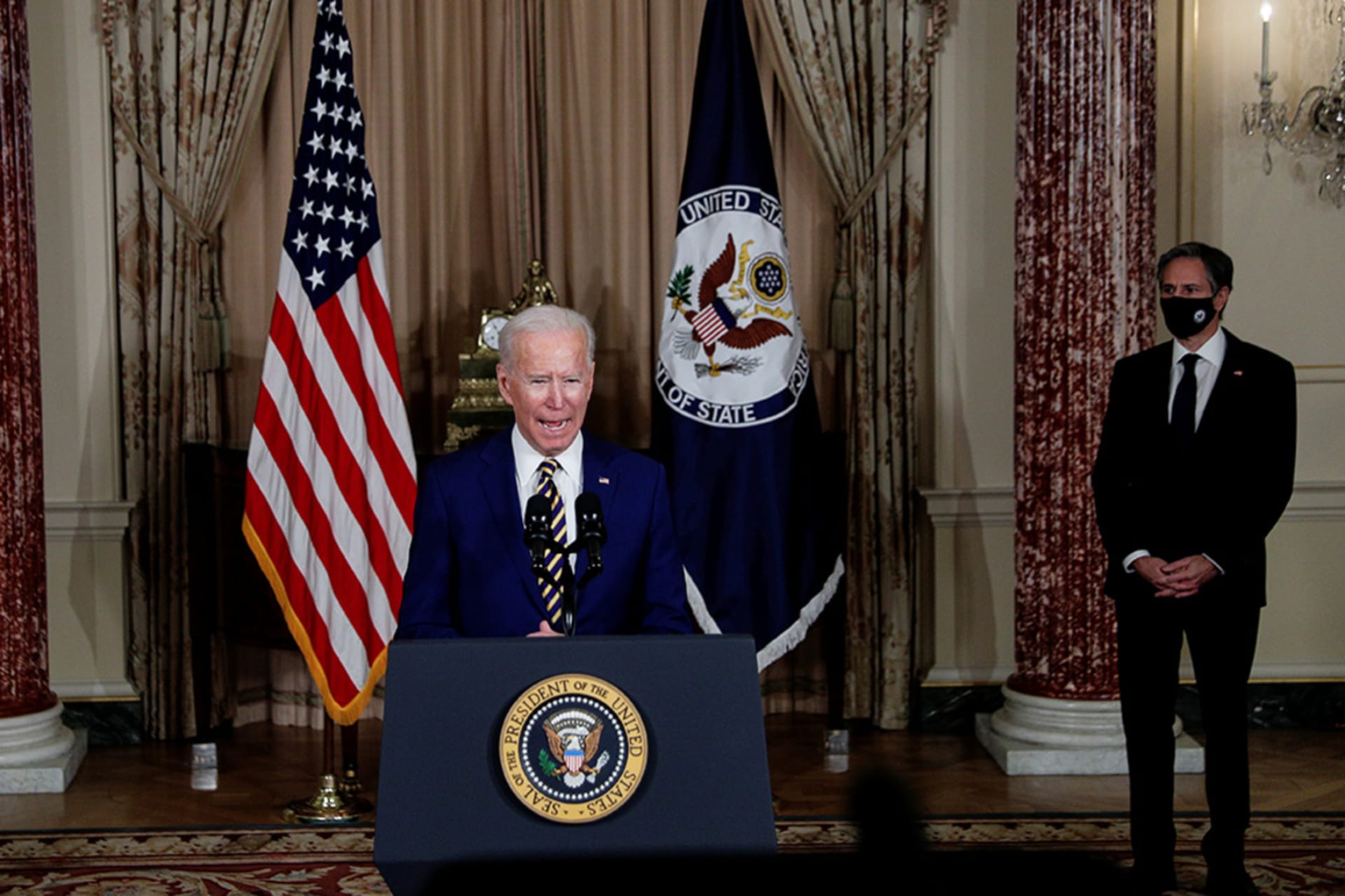<p>President Joe Biden delivers a foreign policy address as Vice President Kamala Harris and Secretary of State Antony Blinken listen</p>
