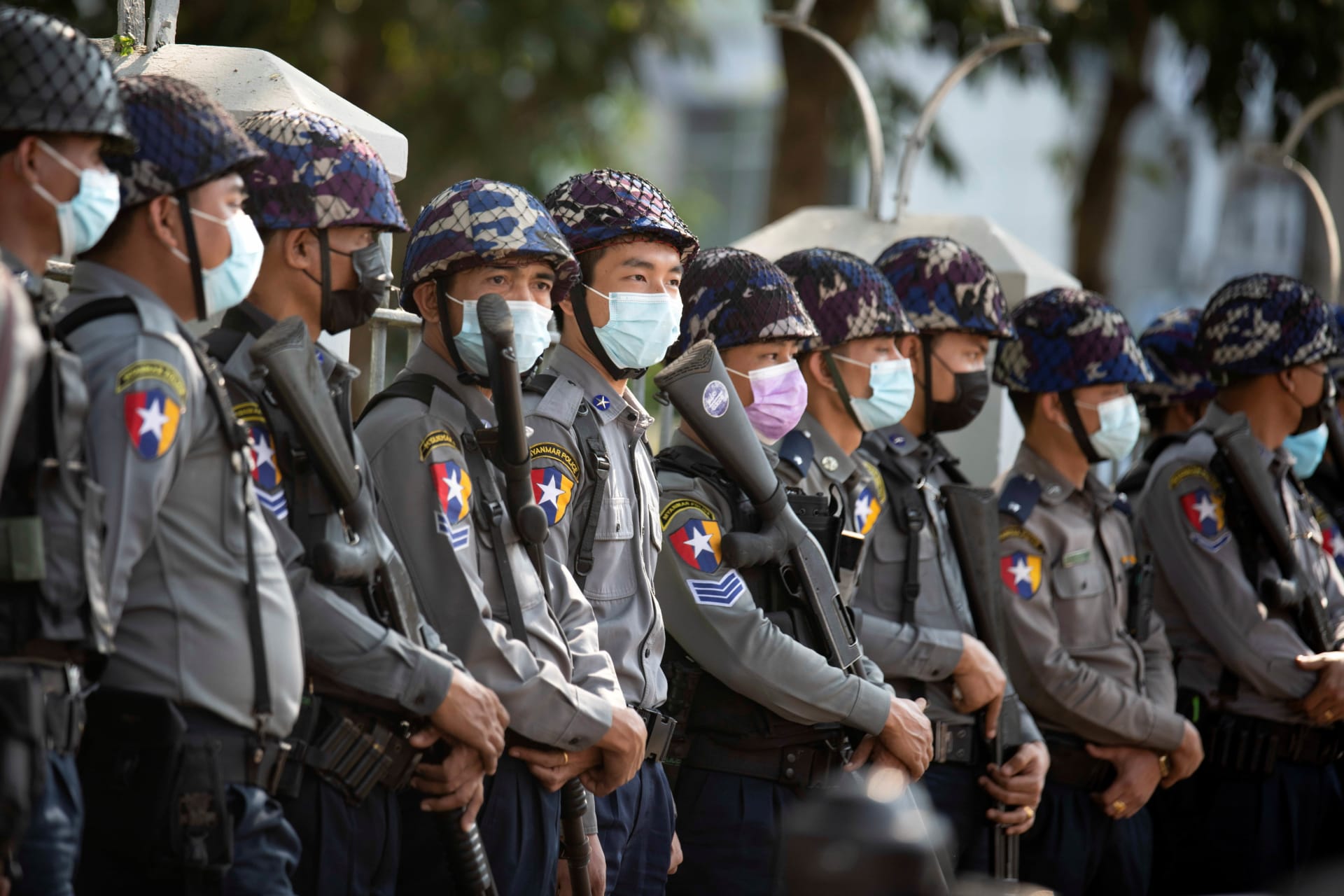 <p>Police stand guard as they wait for protests against coup in Yangon, Myanmar, on February 4, 2021.</p>
