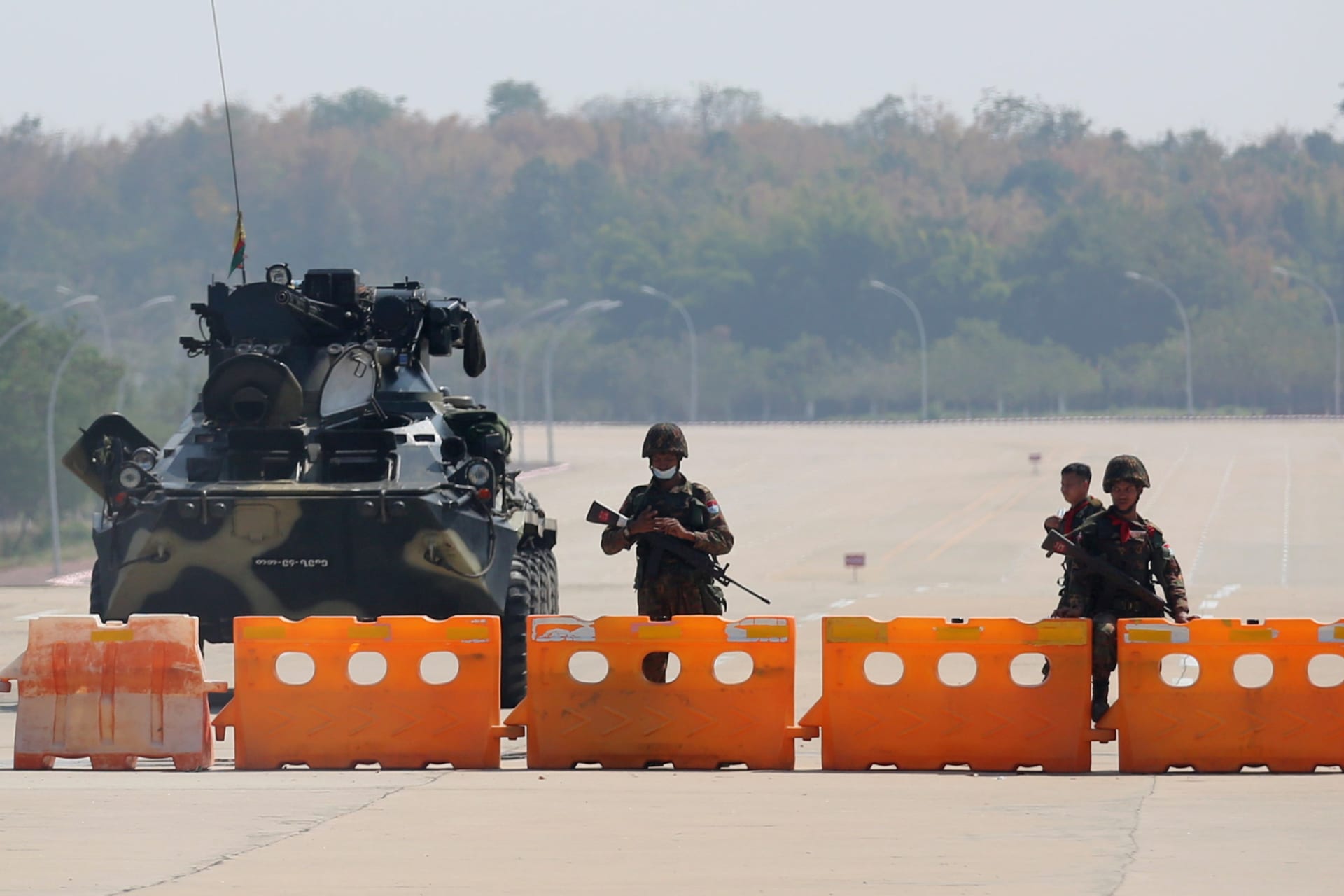 <p>Myanmar’s military checkpoint is seen on the way to the congress compound in Naypyitaw, Myanmar, on February 1, 2021.</p>
