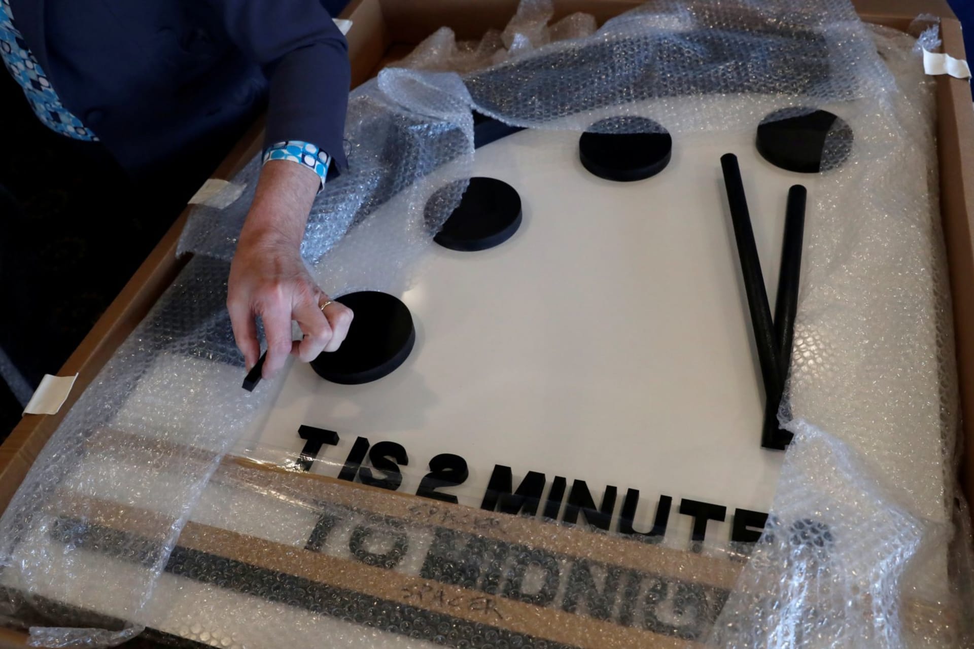 <p>The Bulletin of the Atomic Scientists’ “Doomsday Clock” in Washington, DC, on January 25, 2018. </p>
