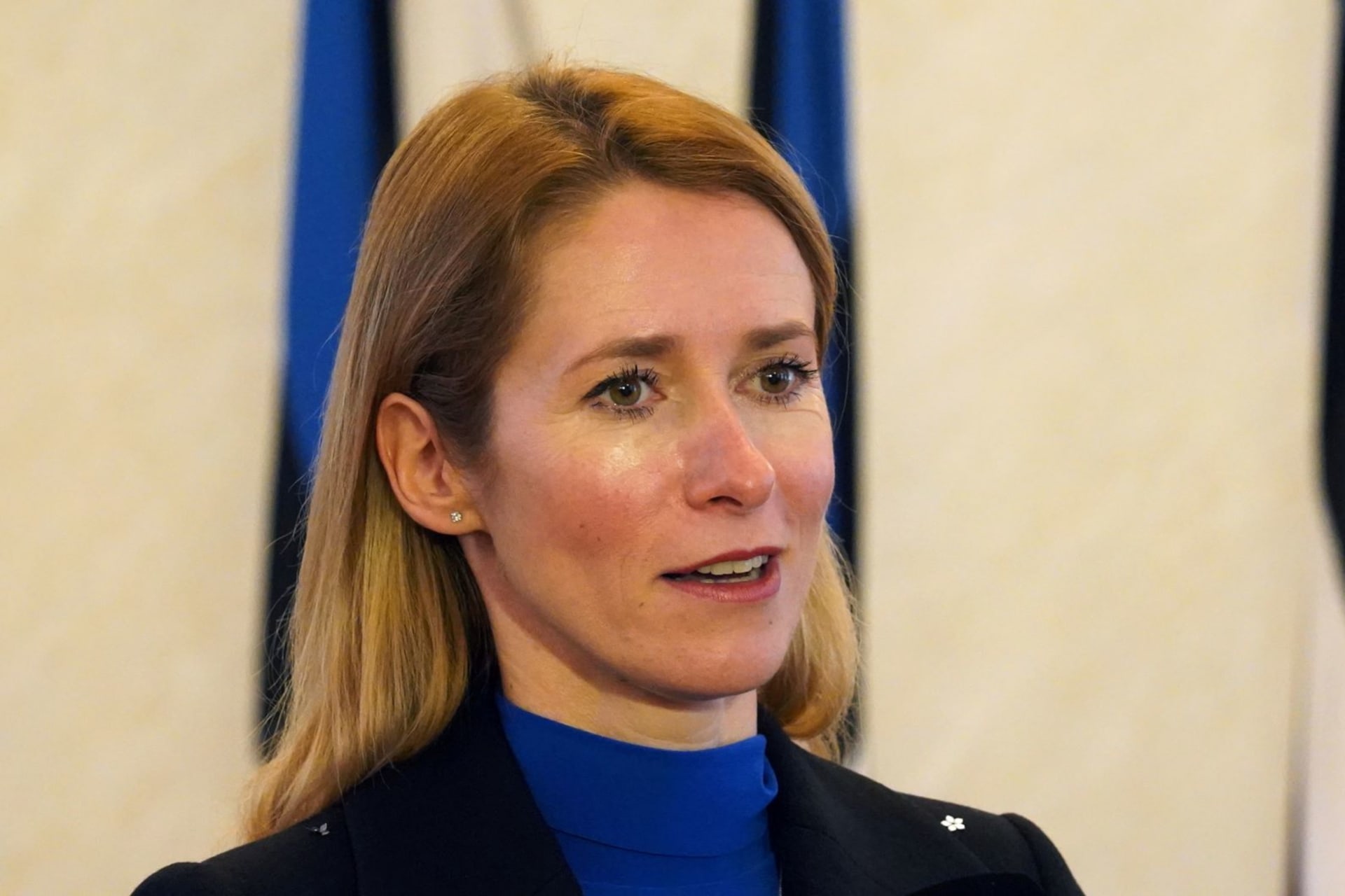 <p>Prime Minister of Estonia Kaja Kallas addresses the press following her oath of office.</p>
