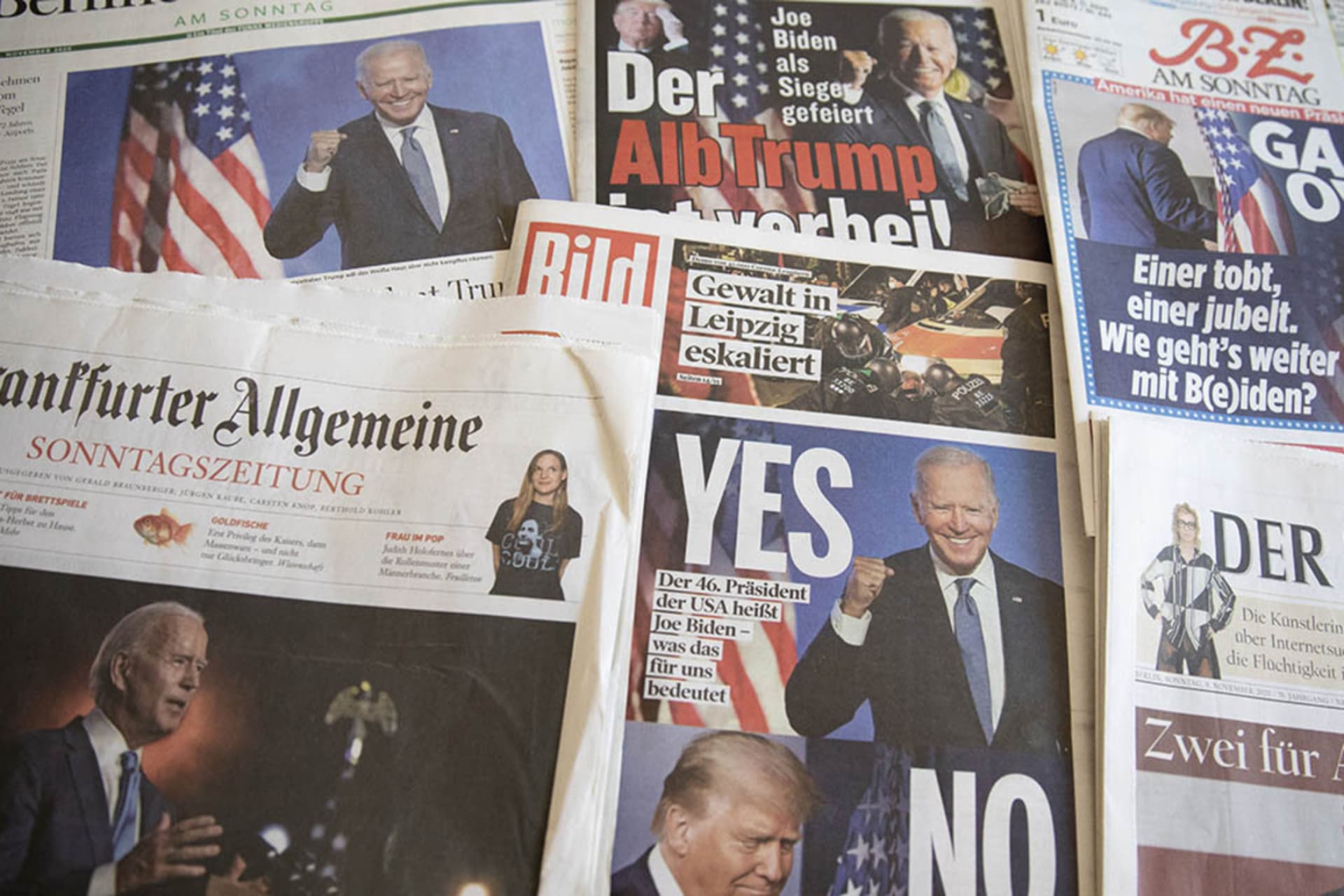 <p>This photo illustration shows German newspaper headlines on November 8, 2020, following news outlets’ projection of Joe Biden as the winner of the U.S. presidential election.</p>
