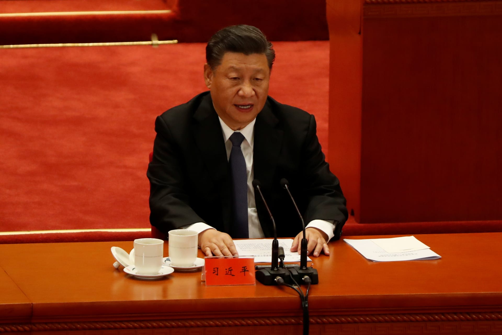 <p>China’s President Xi Jinping speaks while taking part in an event marking the 70th anniversary of the Chinese People’s Volunteer Army’s participation in the Korean War at the Great Hall of the People in Beijing, China on October 23, 2020.</p>