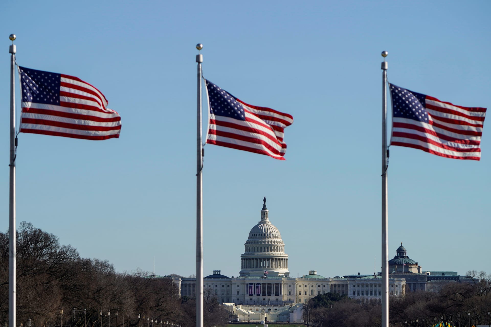 <p>U.S. flags fly with the U.S. Capitol in the distance on January 10, 2021. Joshua Roberts/Reuters</p>
