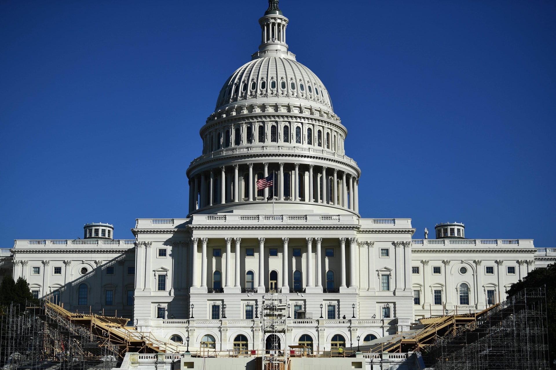 <p>The presidential inaugural platform under construction in front of the U.S. Capitol on November 9, 2020. Brendan Smialowski/AFP/ via Getty Images.</p>
