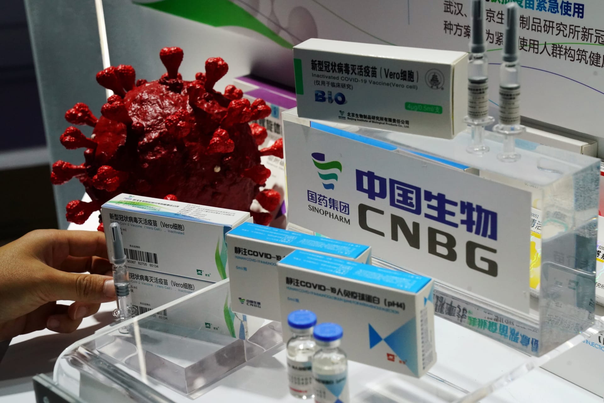 <p>A display of a coronavirus vaccine from China National Biotec Group (CNBG), a unit of state-owned SinoPharm, is seen at the 2020 China International Fair for Trade in Services (CIFTIS), following the COVID-19 outbreak, in Beijing, China September 4, 2020.</p>