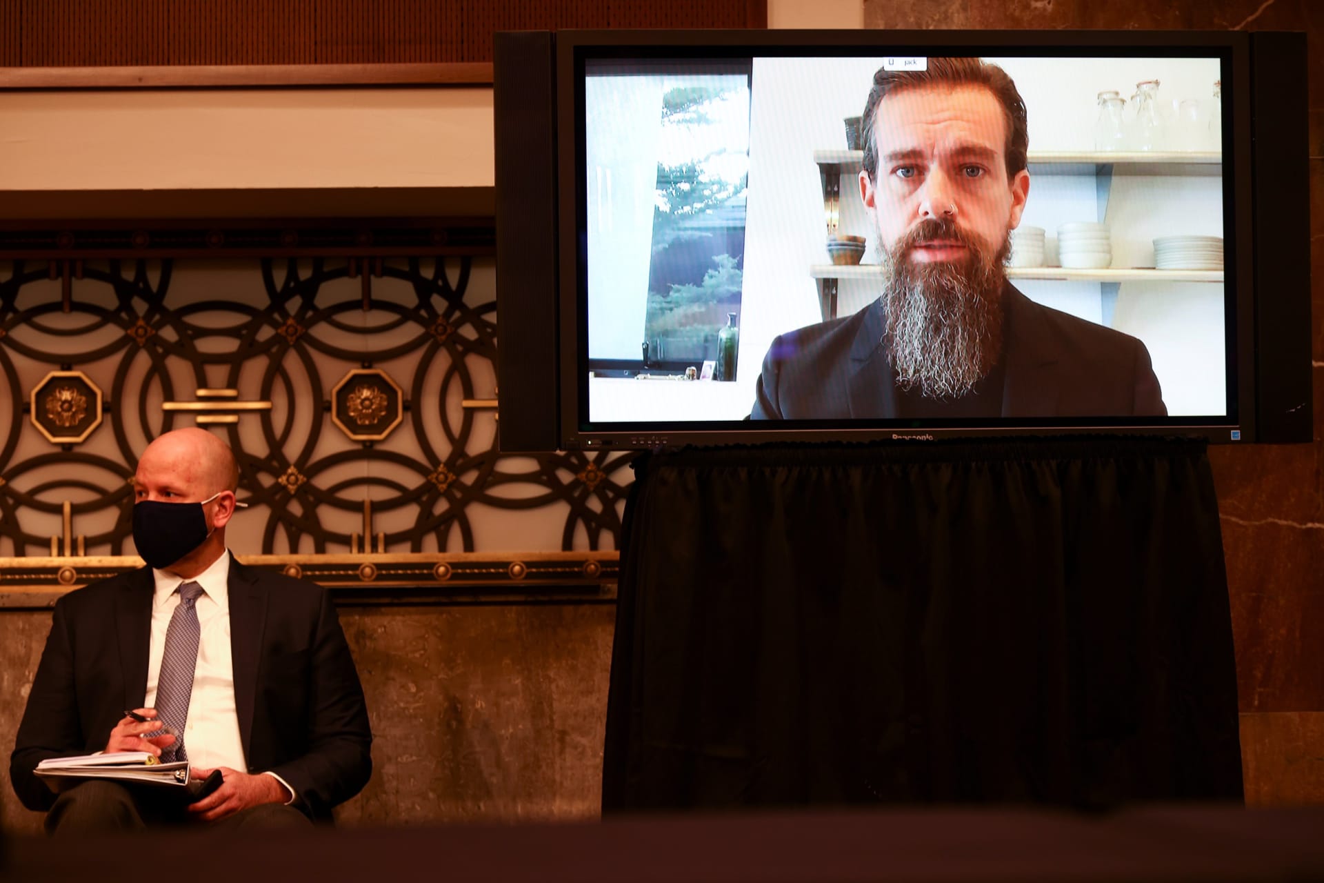 <p>Twitter CEO Jack Dorsey is seen testifying remotely via videoconference during a Senate Judiciary Committee hearing.</p>
