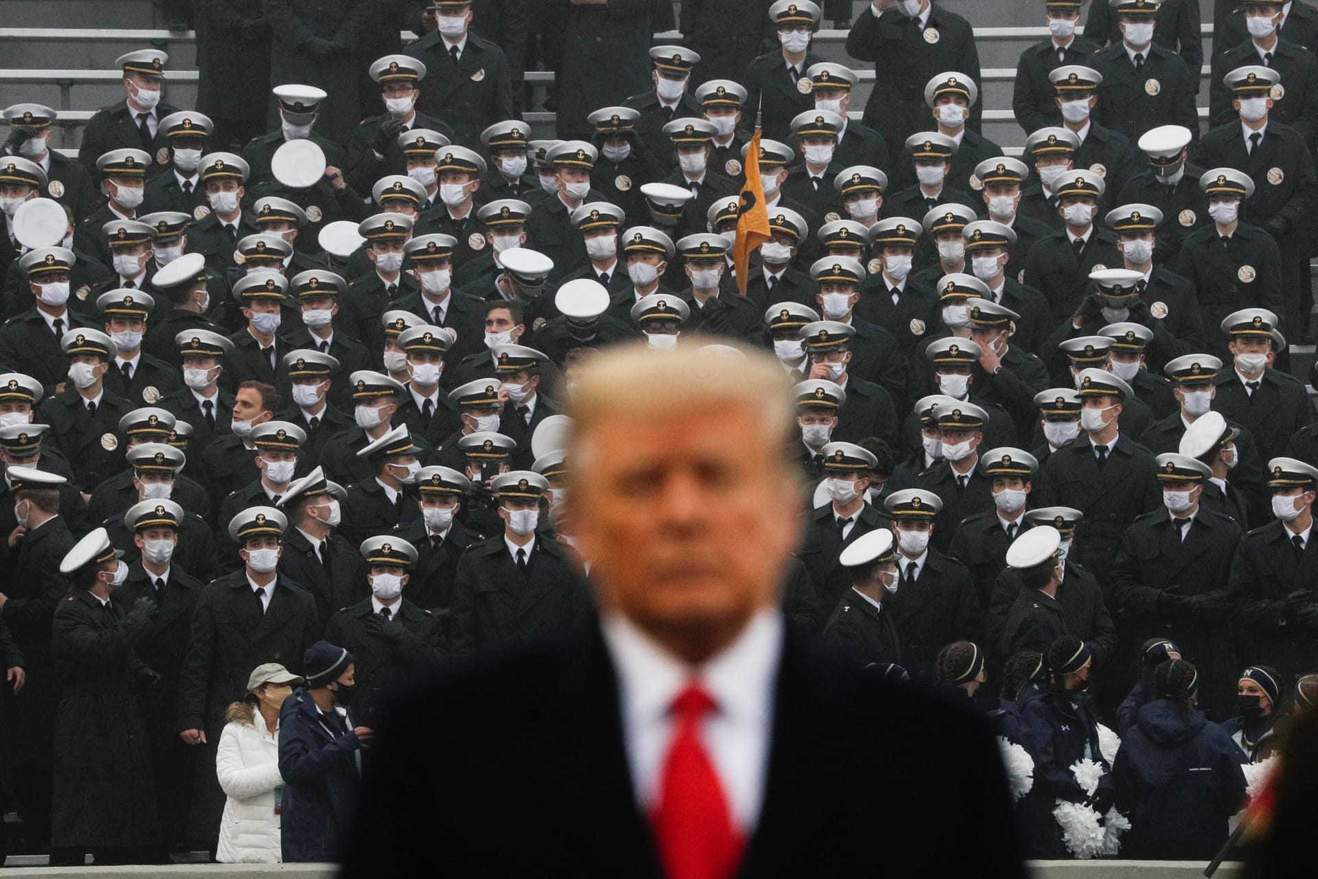 <p>U.S. President Trump stands onto the field at Michie Stadium ahead of the annual Army-Navy collegiate football game.</p>
