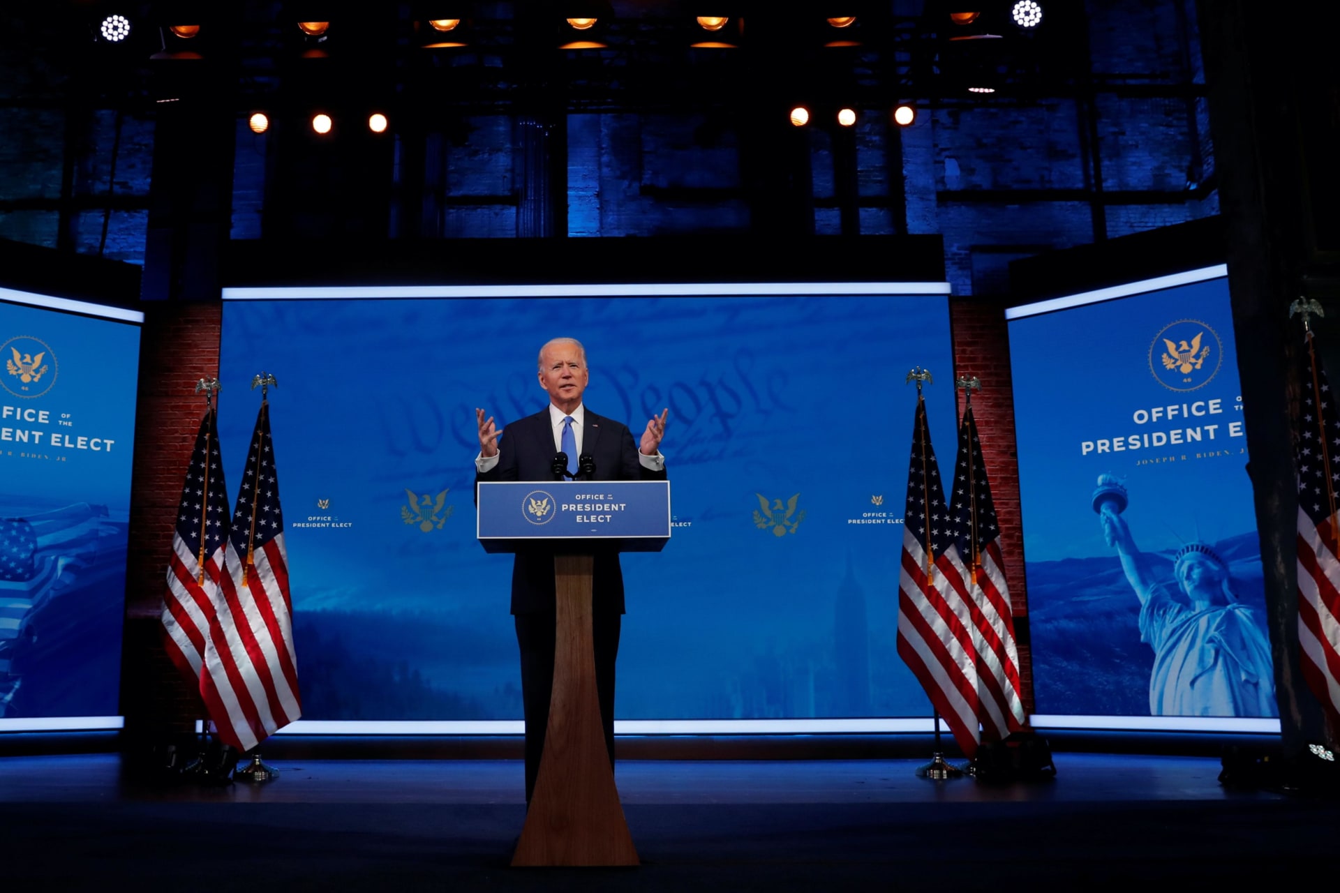 <p>President-Elect Joe Biden gives an address in Wilmington, Delaware, after the Electoral College confirmed his victory on December 14, 2020. </p>
