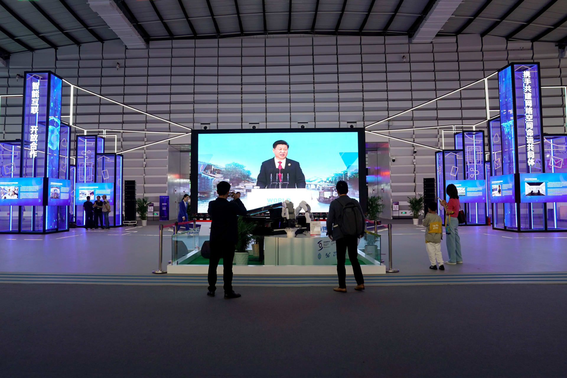 <p>China’s President Xi Jinping is shown on a screen during the World Internet Conference (WIC) in Wuzhen, Zhejiang province, China, on October 20, 2019.</p>
